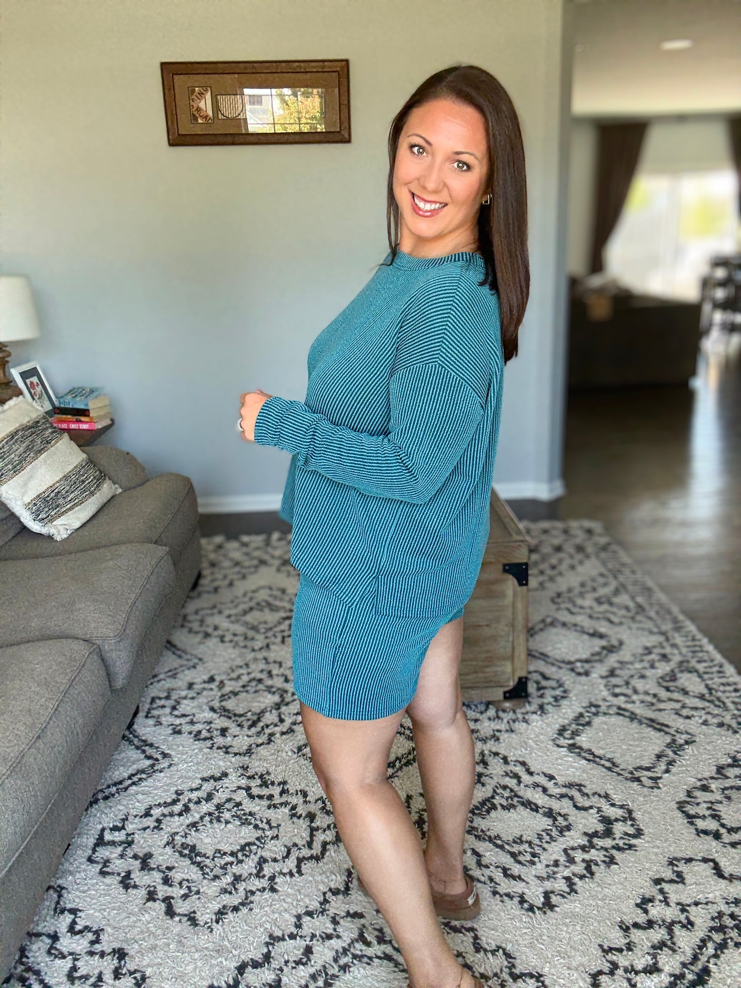 Zenana Corded Ribbed Long Sleeve Top and Shorts Set in Teal