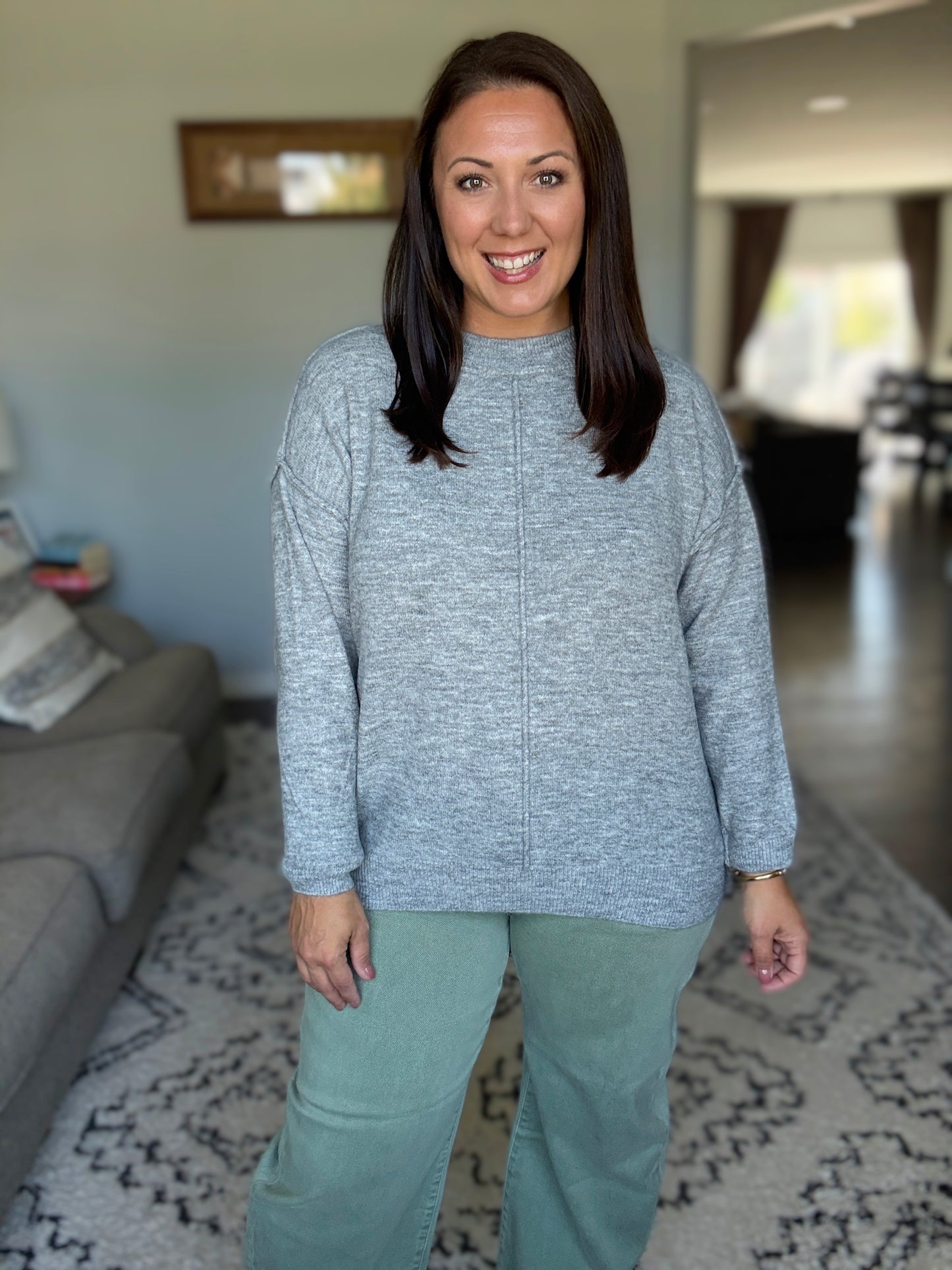 Zenana Melange Front Seam Round-Neck Sweater in Heathered Grey