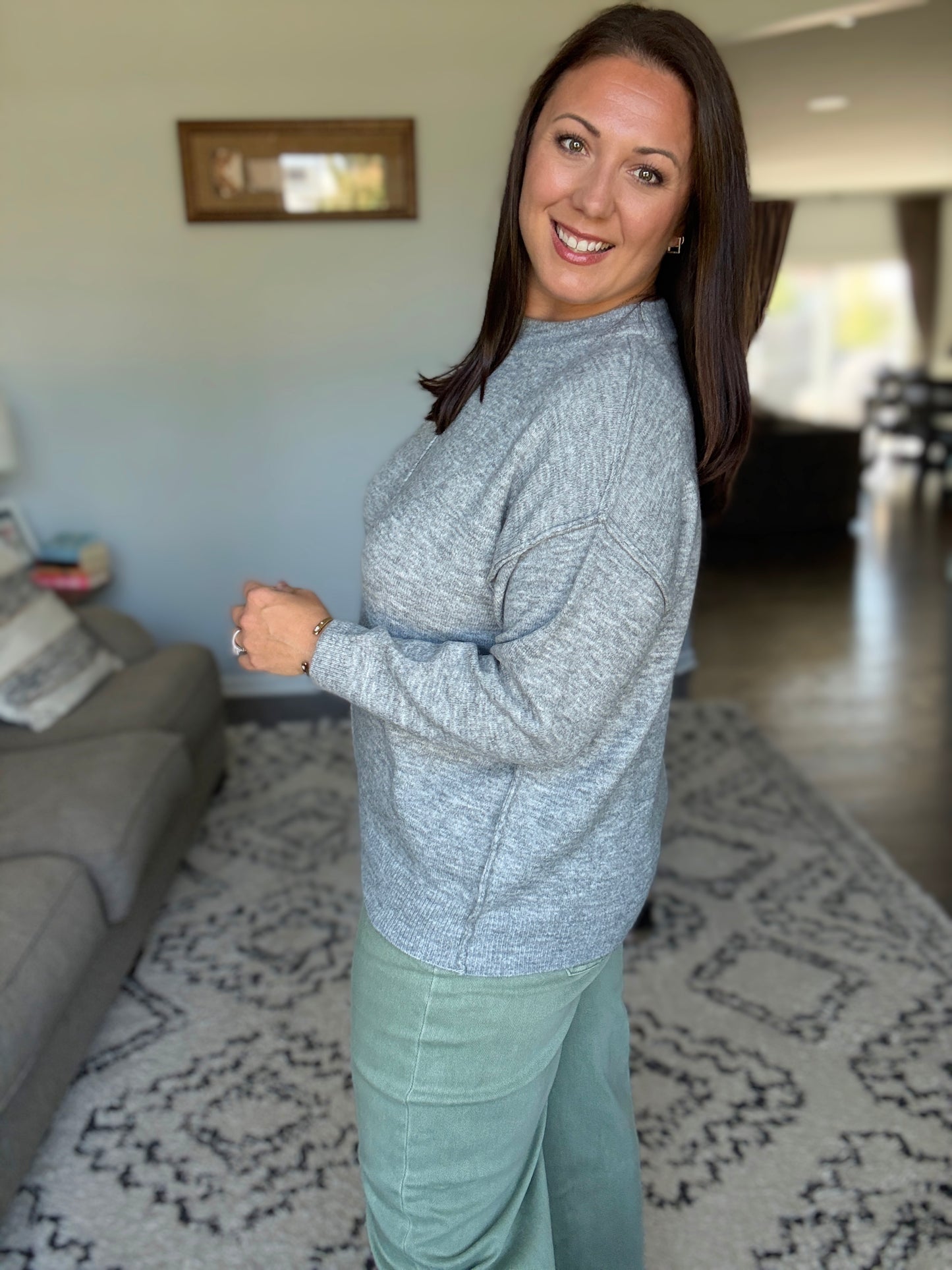 Zenana Melange Front Seam Round-Neck Sweater in Heathered Grey