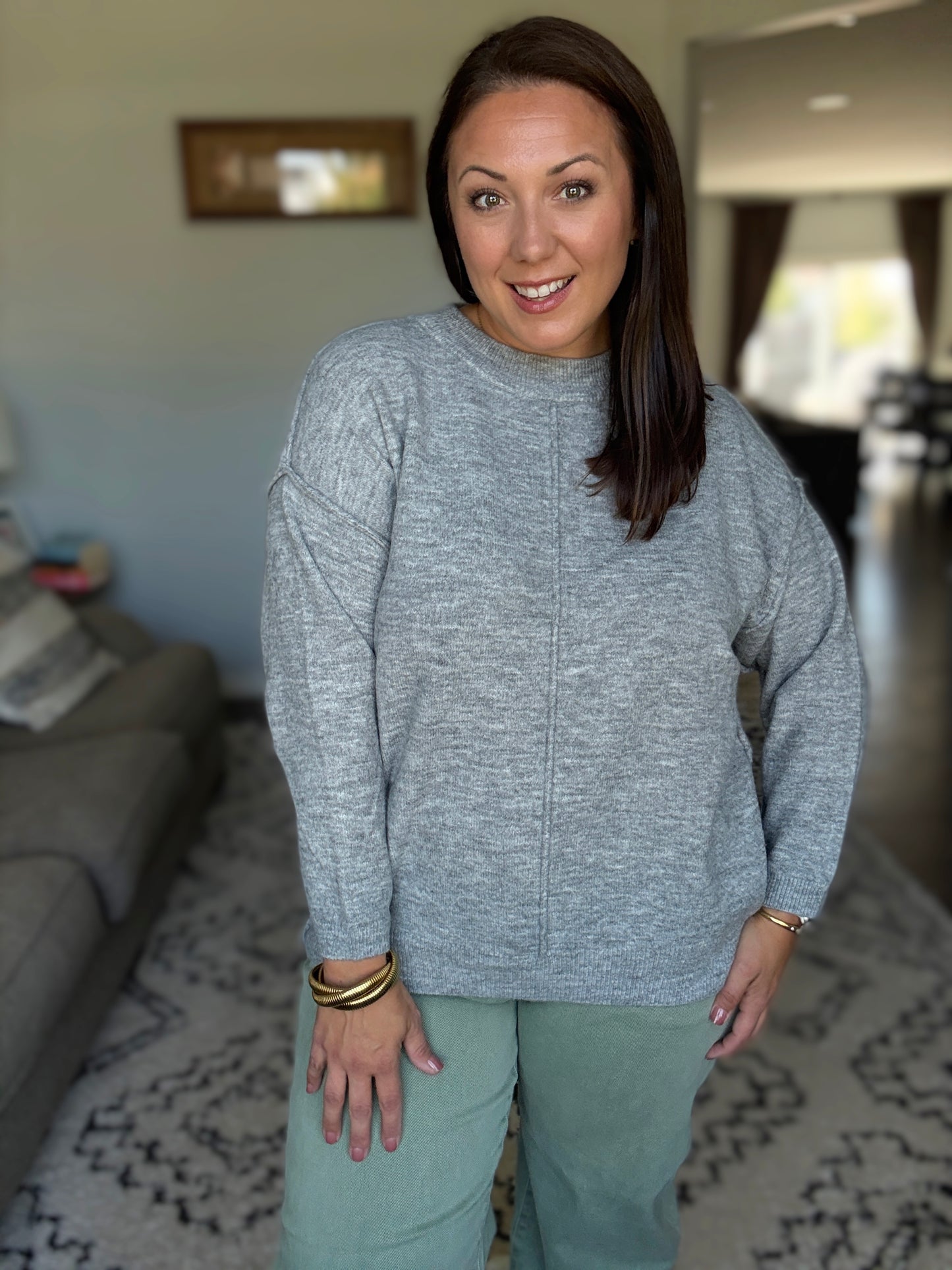Zenana Melange Front Seam Round-Neck Sweater in Heathered Grey