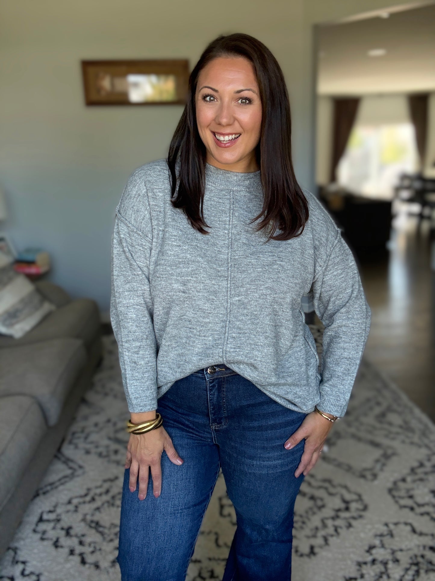 Zenana Melange Front Seam Round-Neck Sweater in Heathered Grey