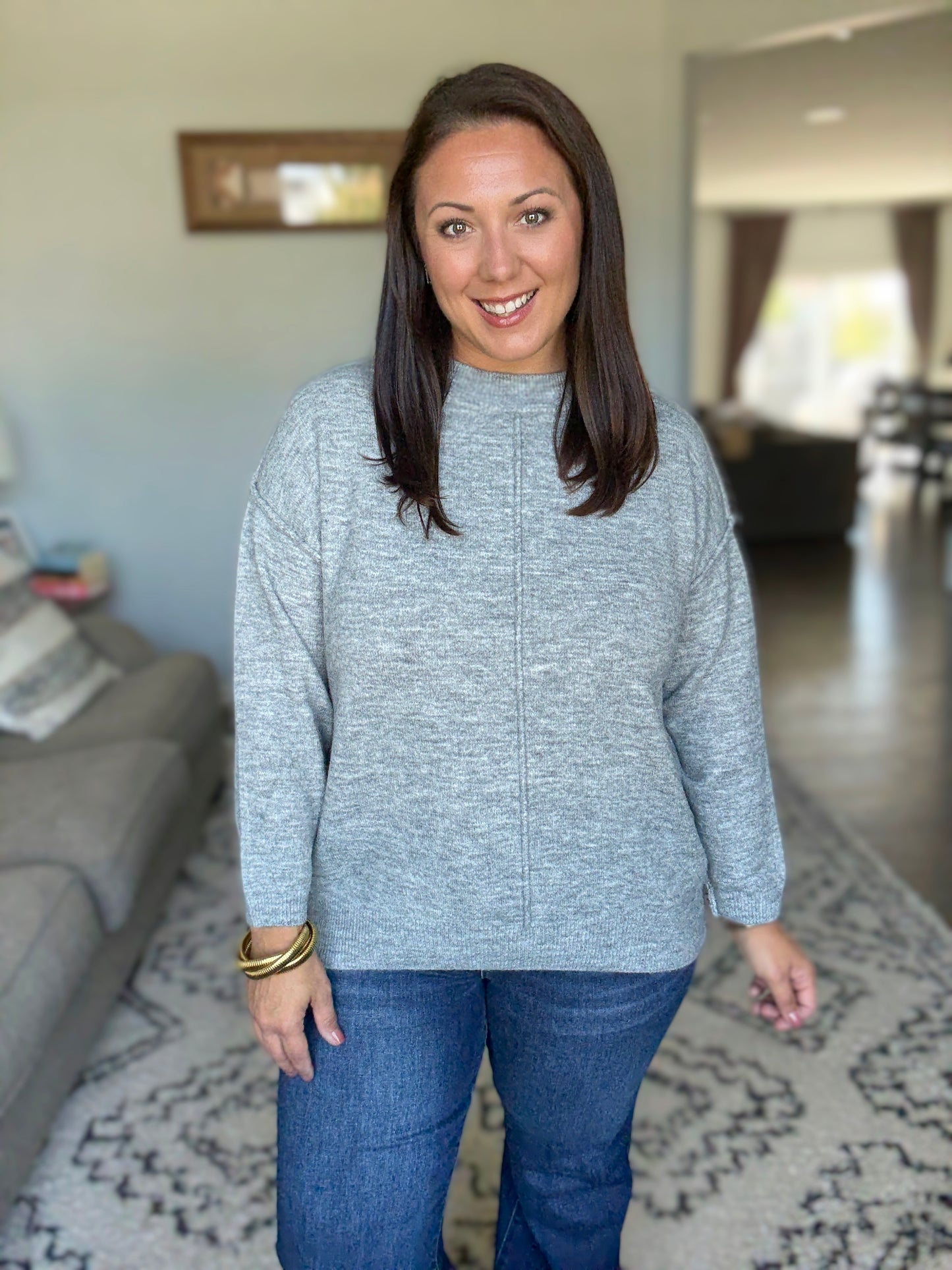 Zenana Melange Front Seam Round-Neck Sweater in Heathered Grey