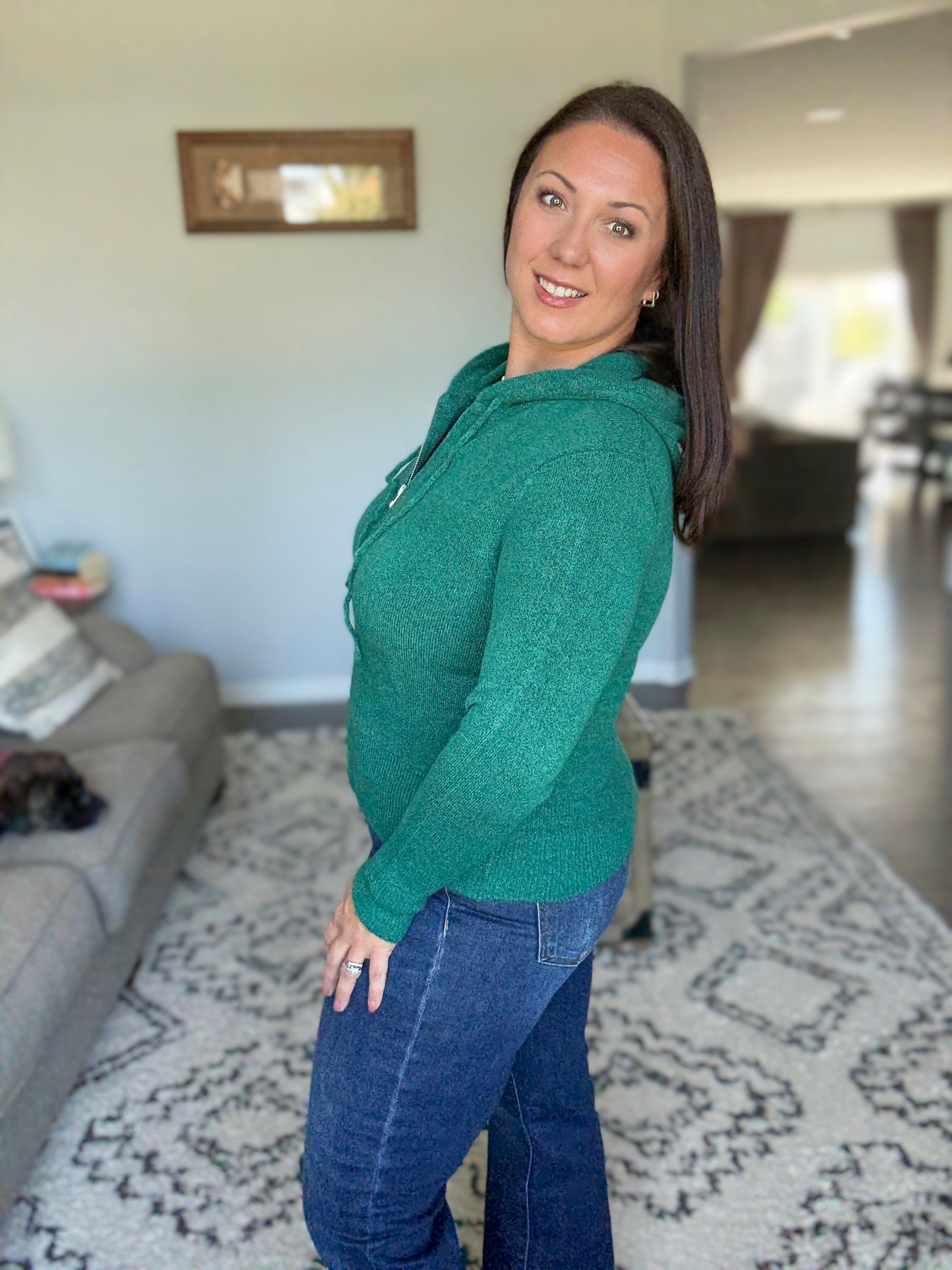 Zenana Drawstring Zip Up Hooded Cardigan in Hunter Green