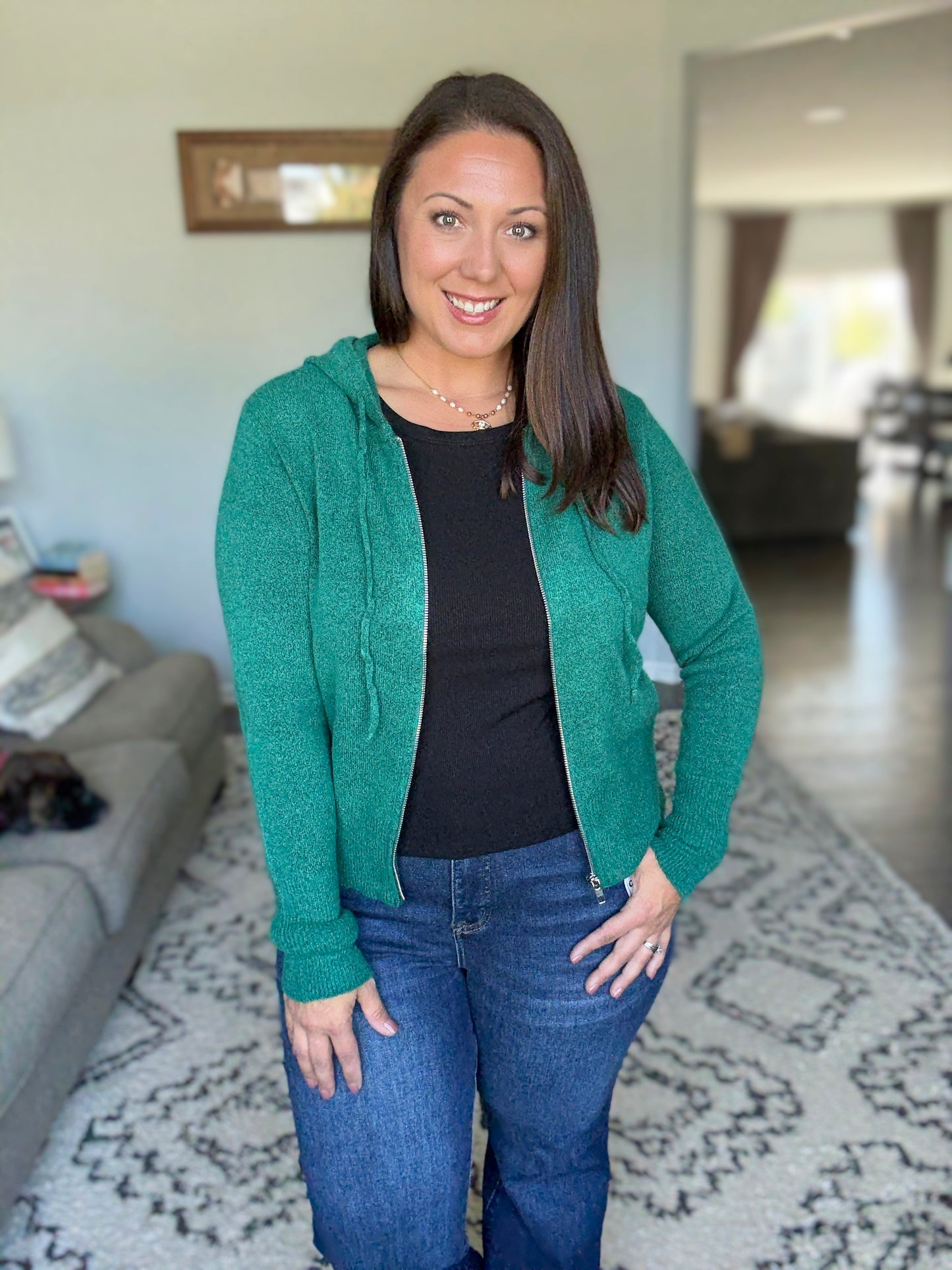 Zenana Drawstring Zip Up Hooded Cardigan in Hunter Green