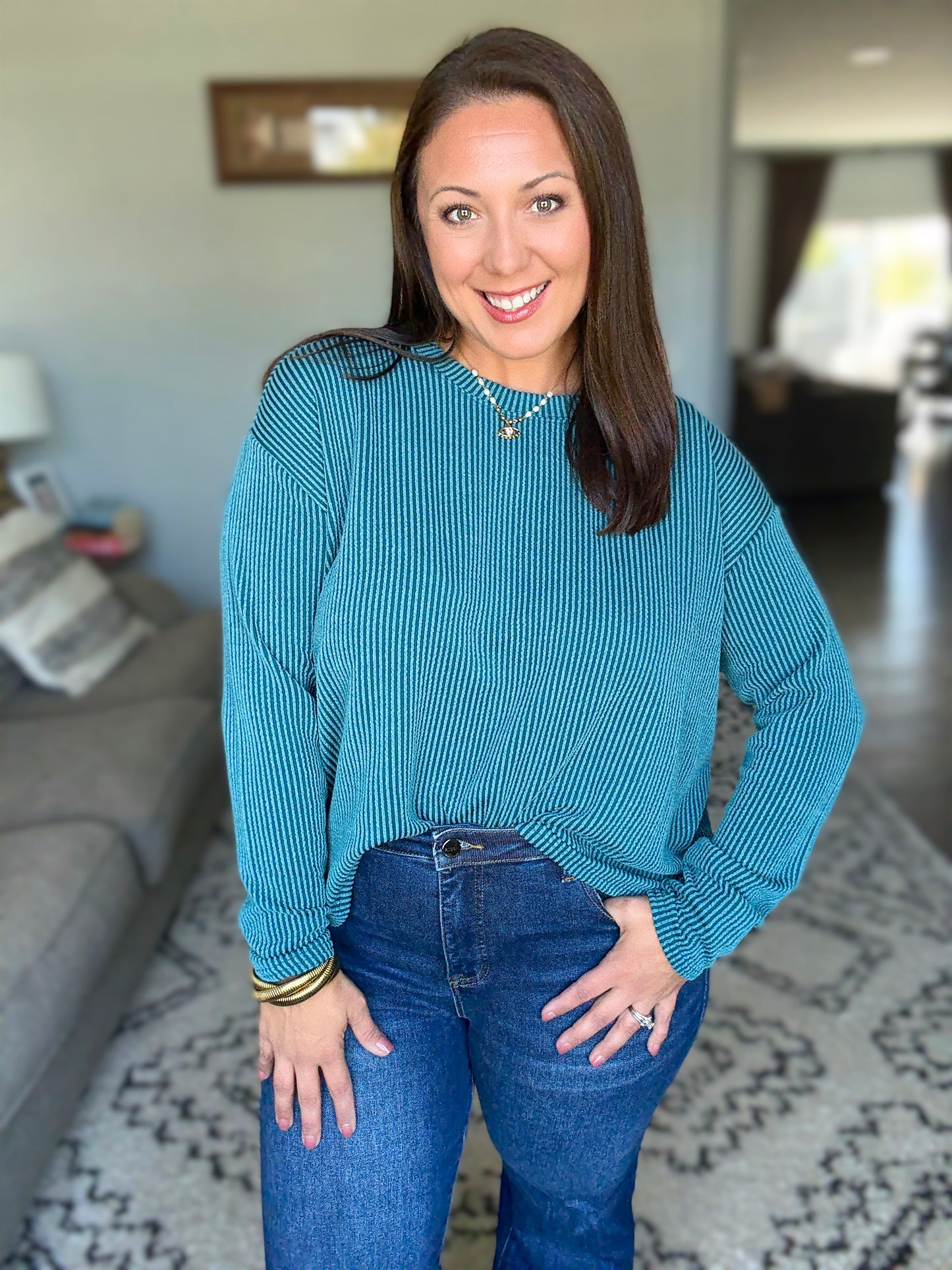 Zenana Corded Ribbed Long Sleeve Top and Shorts Set in Teal