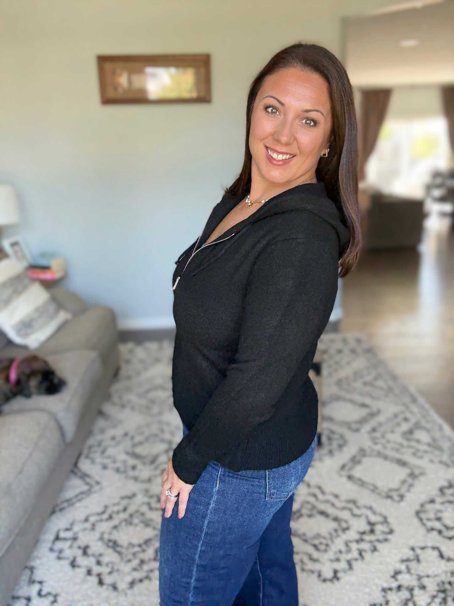 Zenana Drawstring Zip Up Hooded Cardigan in Black