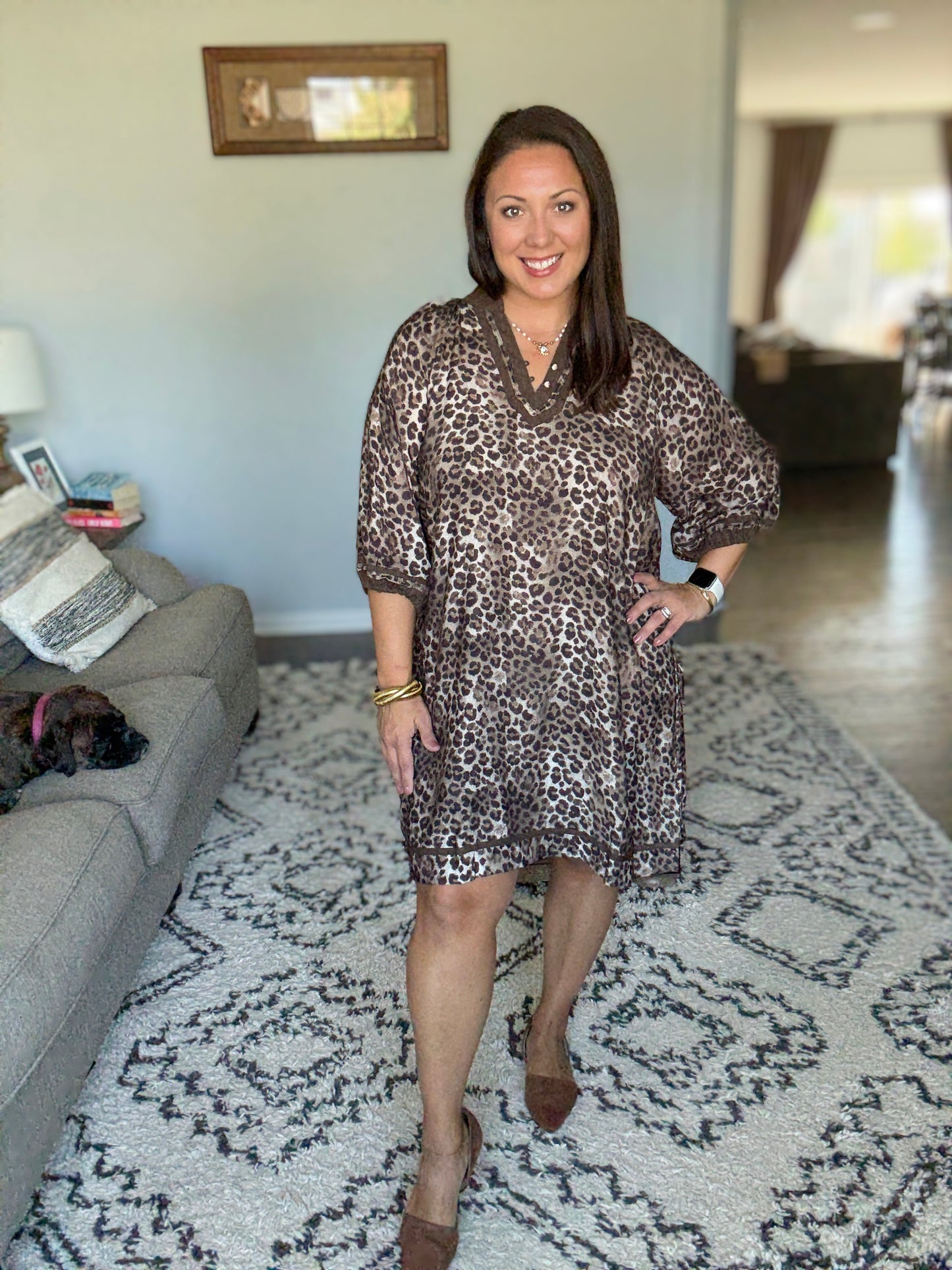 Umgee Full Size Leopard Print Mini Dress with Contrast Trim in Grey