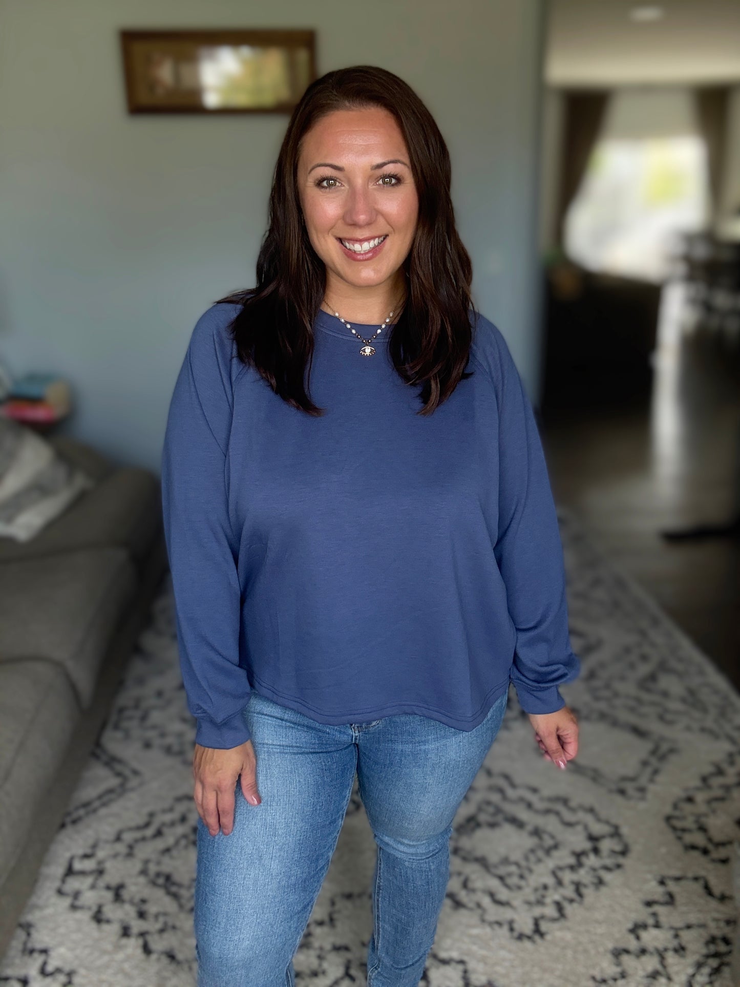 Zenana Scuba Crewneck Sweatshirt and Pants Set in Blue Indigo