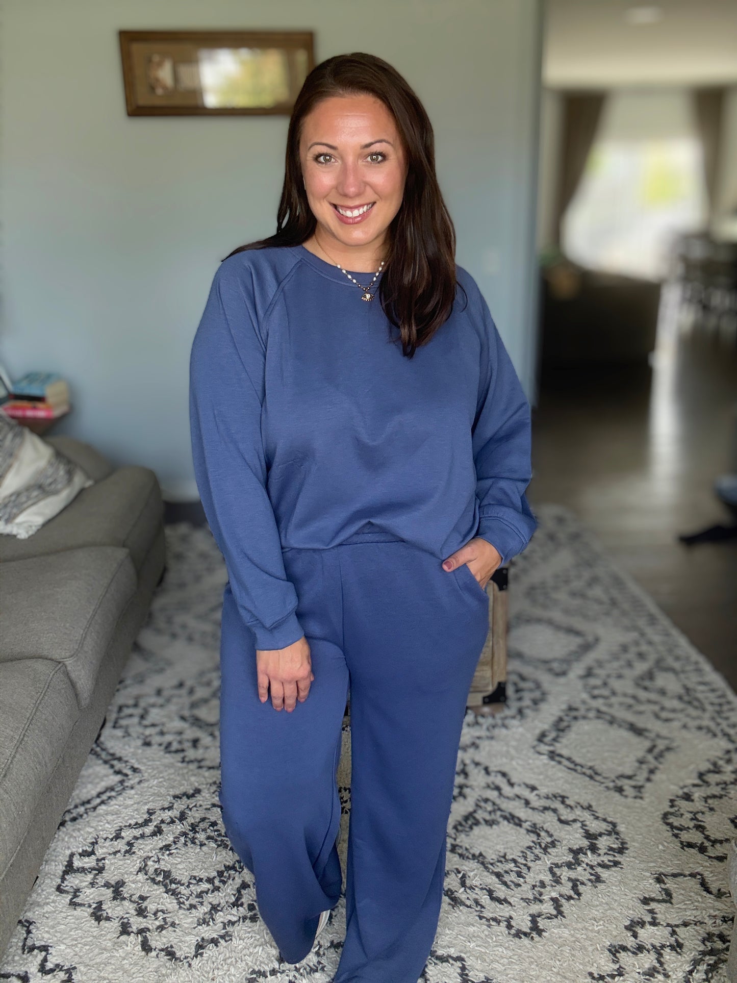 Zenana Scuba Crewneck Sweatshirt and Pants Set in Blue Indigo