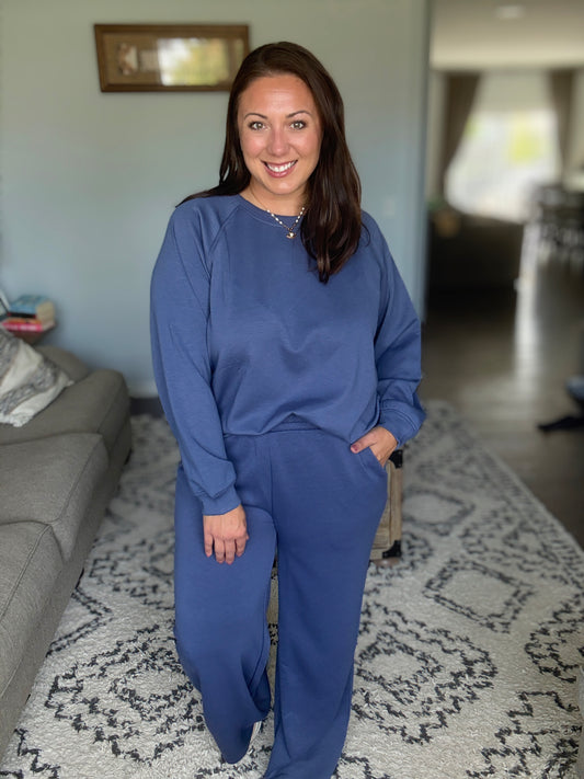 Zenana Scuba Crewneck Sweatshirt and Pants Set in Blue Indigo
