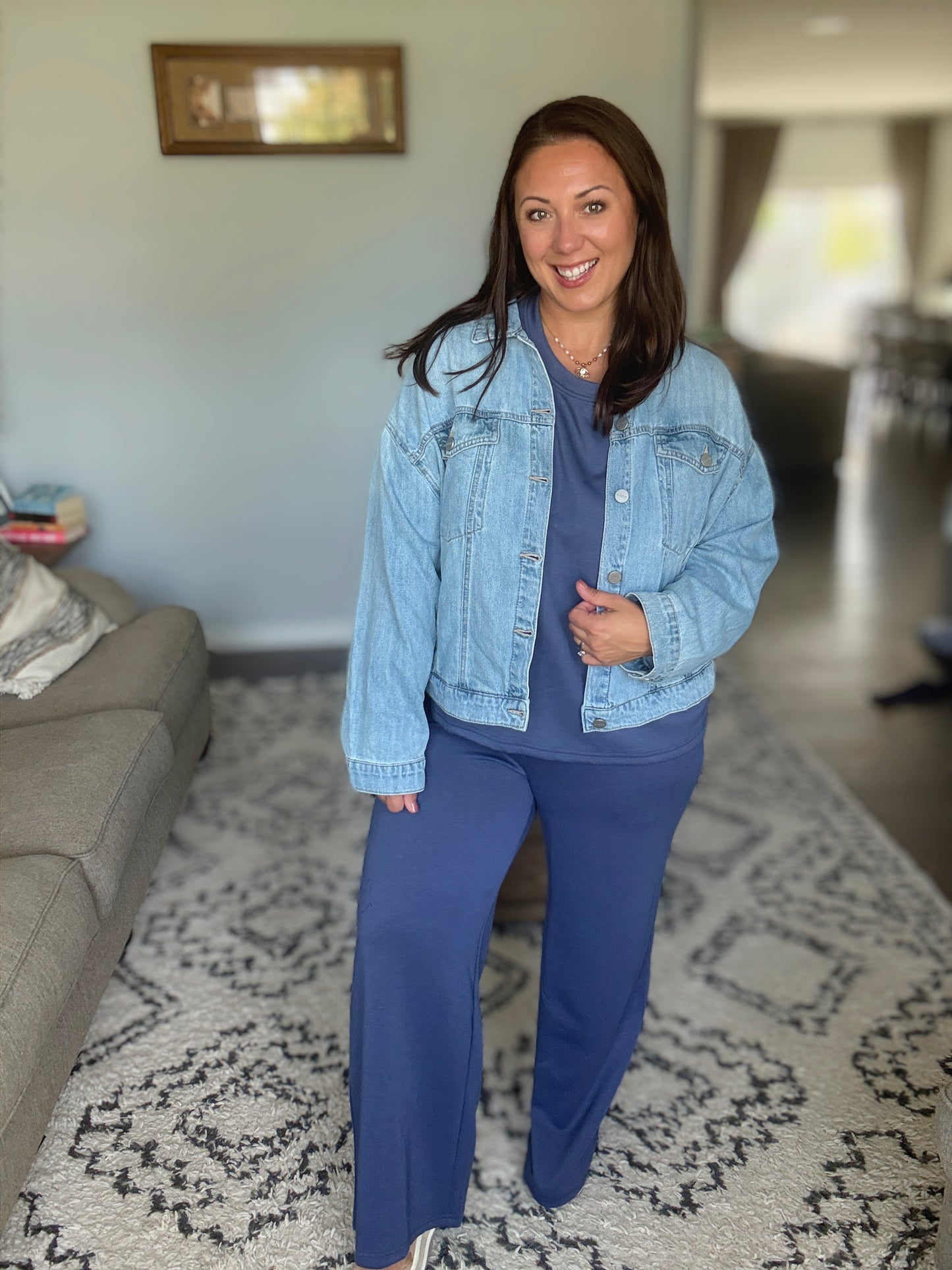 Zenana Scuba Crewneck Sweatshirt and Pants Set in Blue Indigo