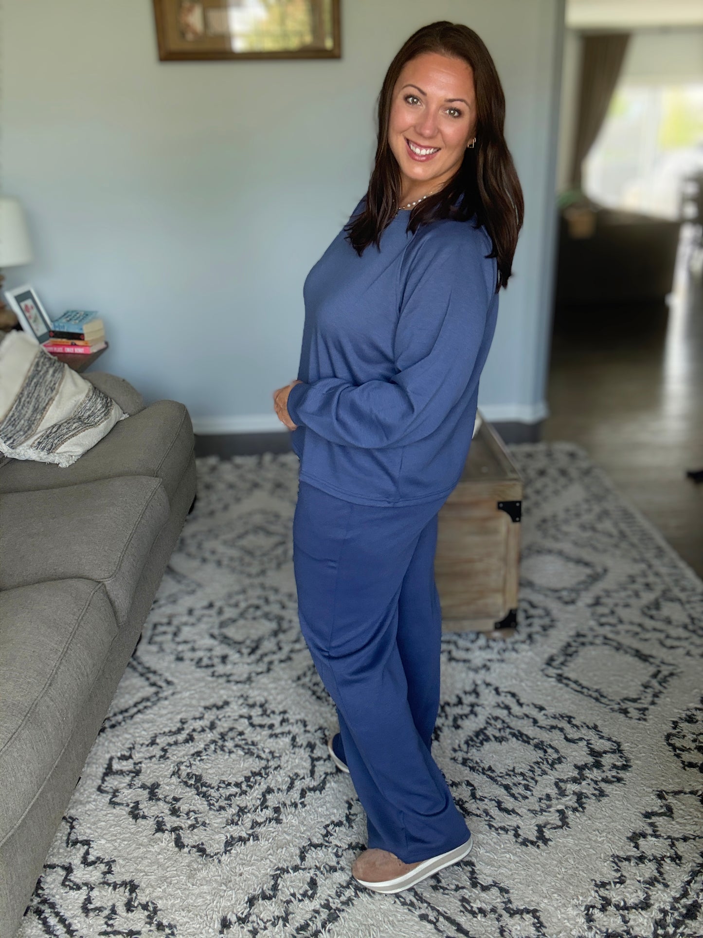 Zenana Scuba Crewneck Sweatshirt and Pants Set in Blue Indigo