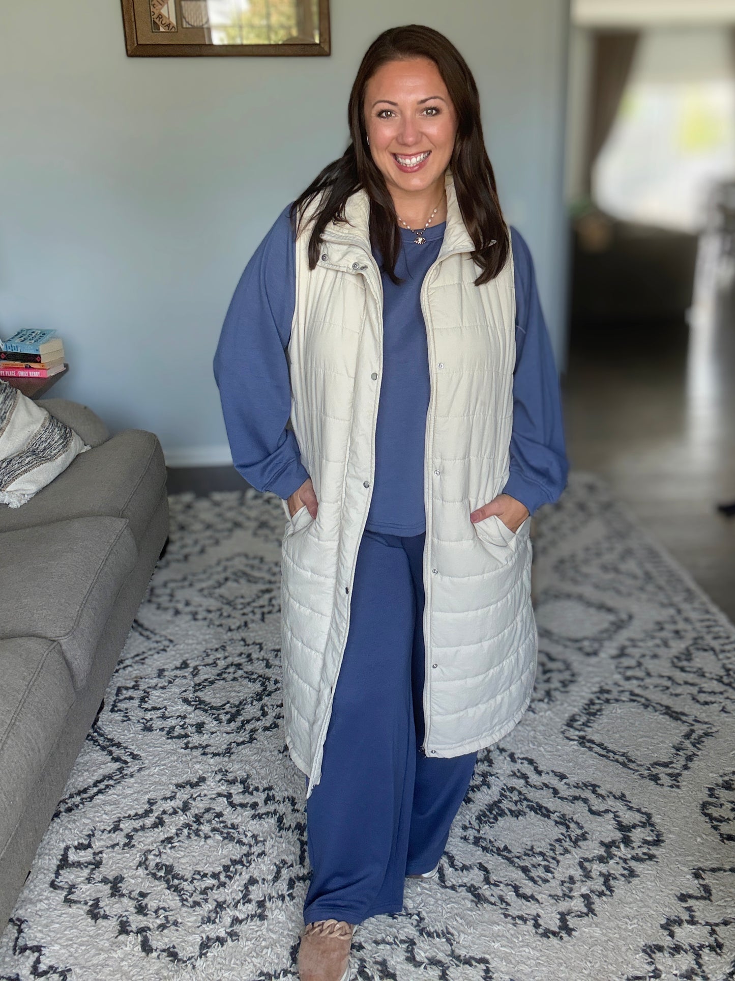 Zenana Scuba Crewneck Sweatshirt and Pants Set in Blue Indigo