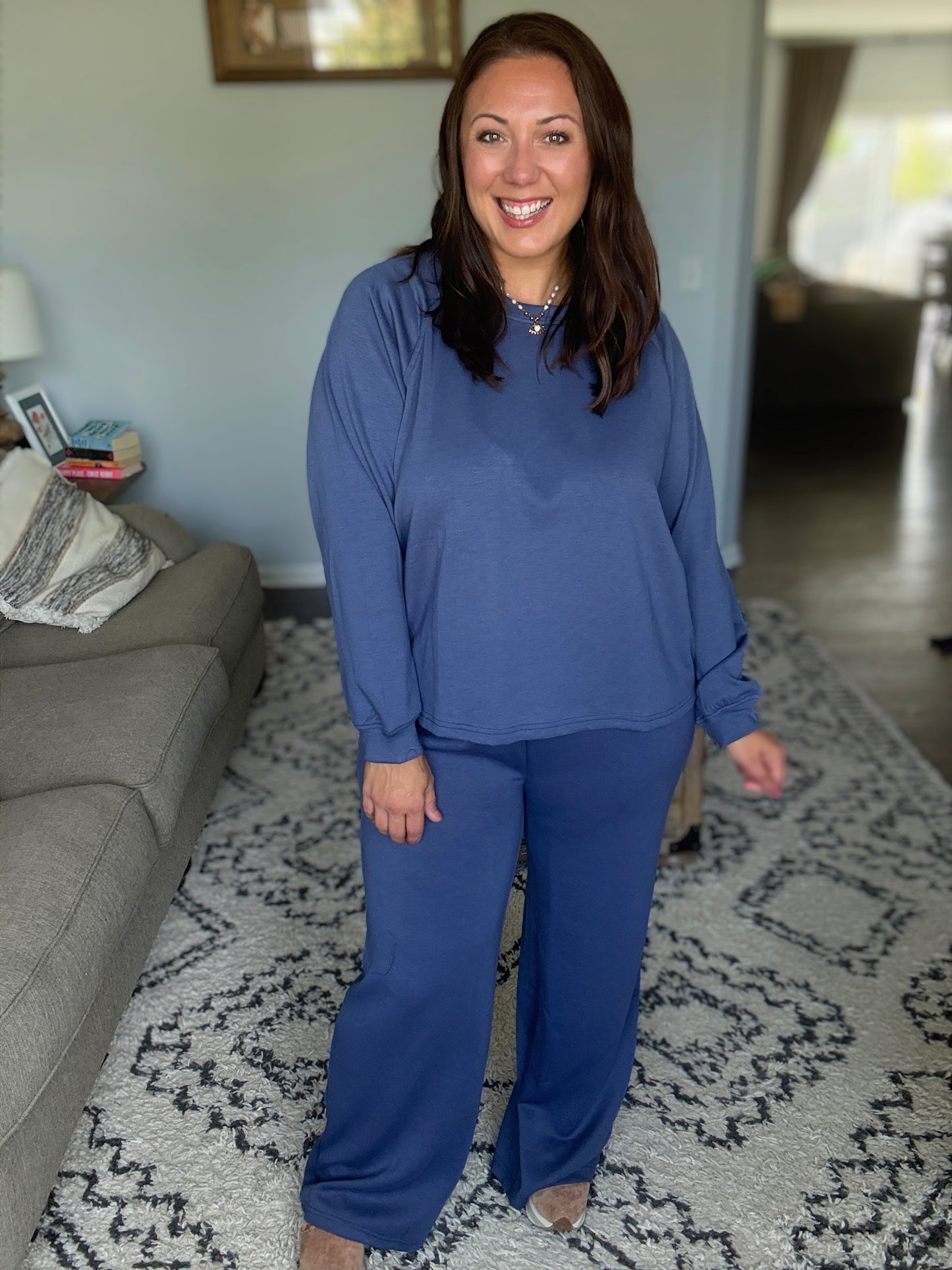 Zenana Scuba Crewneck Sweatshirt and Pants Set in Blue Indigo