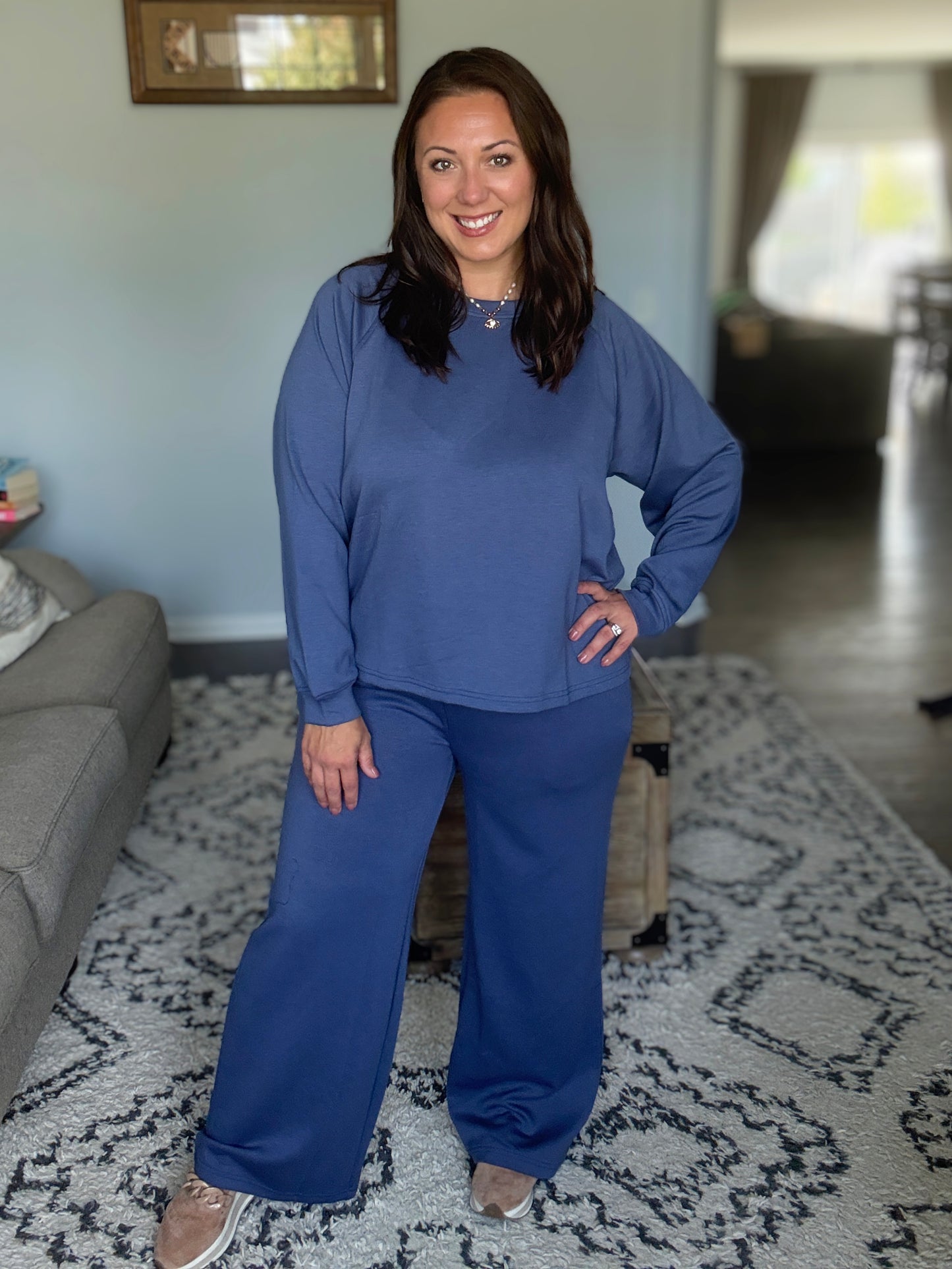Zenana Scuba Crewneck Sweatshirt and Pants Set in Blue Indigo