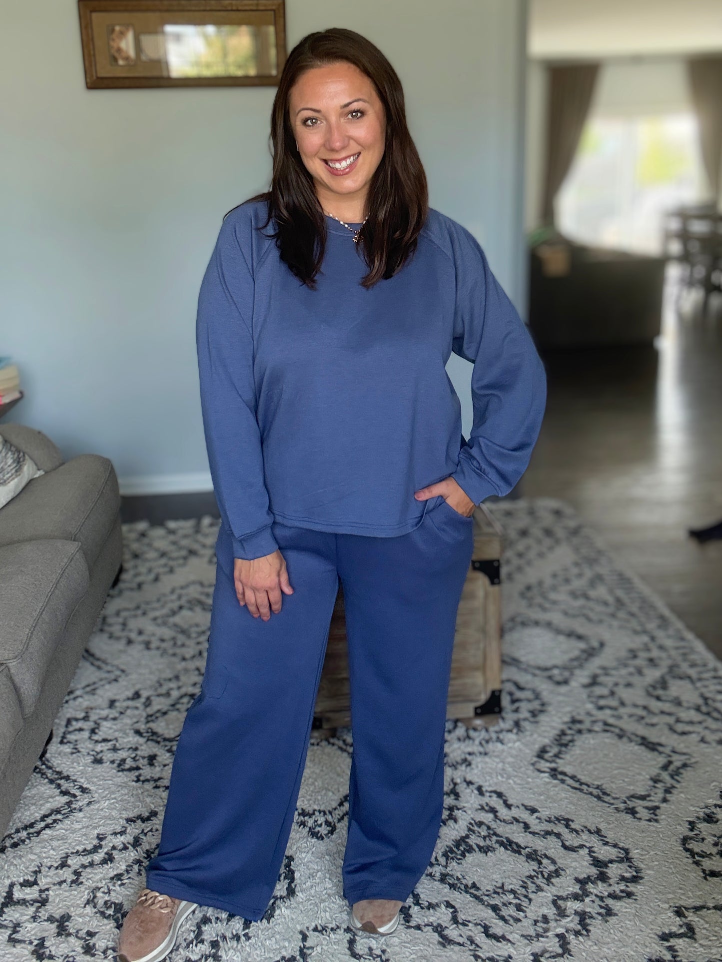 Zenana Scuba Crewneck Sweatshirt and Pants Set in Blue Indigo