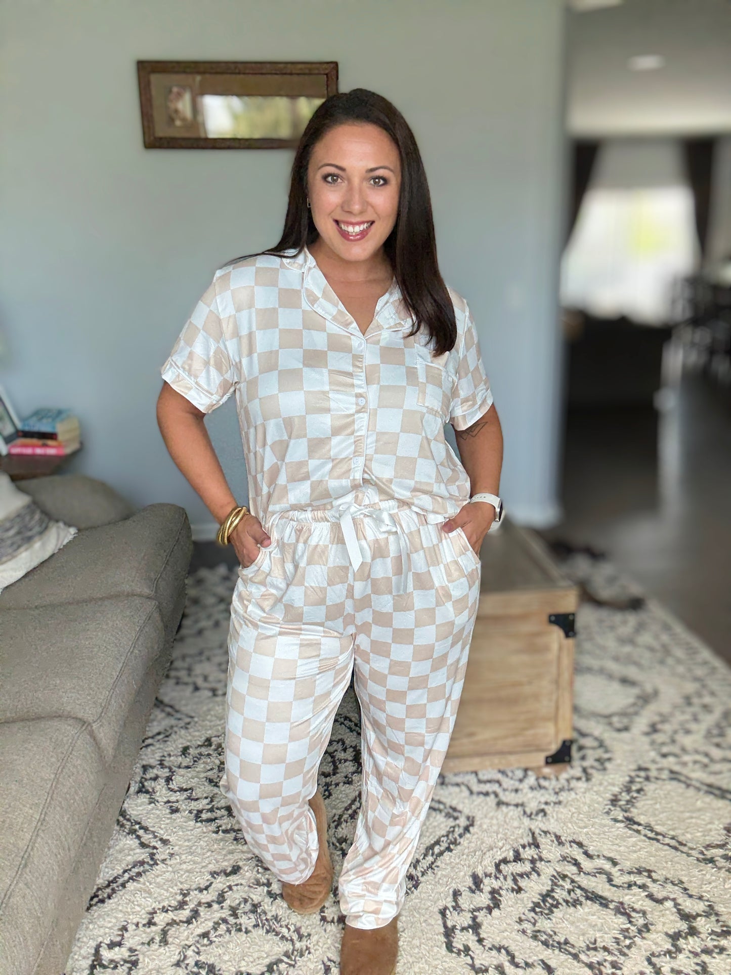 Shirley + Stone Short Sleeve Button Down Pants Pajamas in Neutral Check