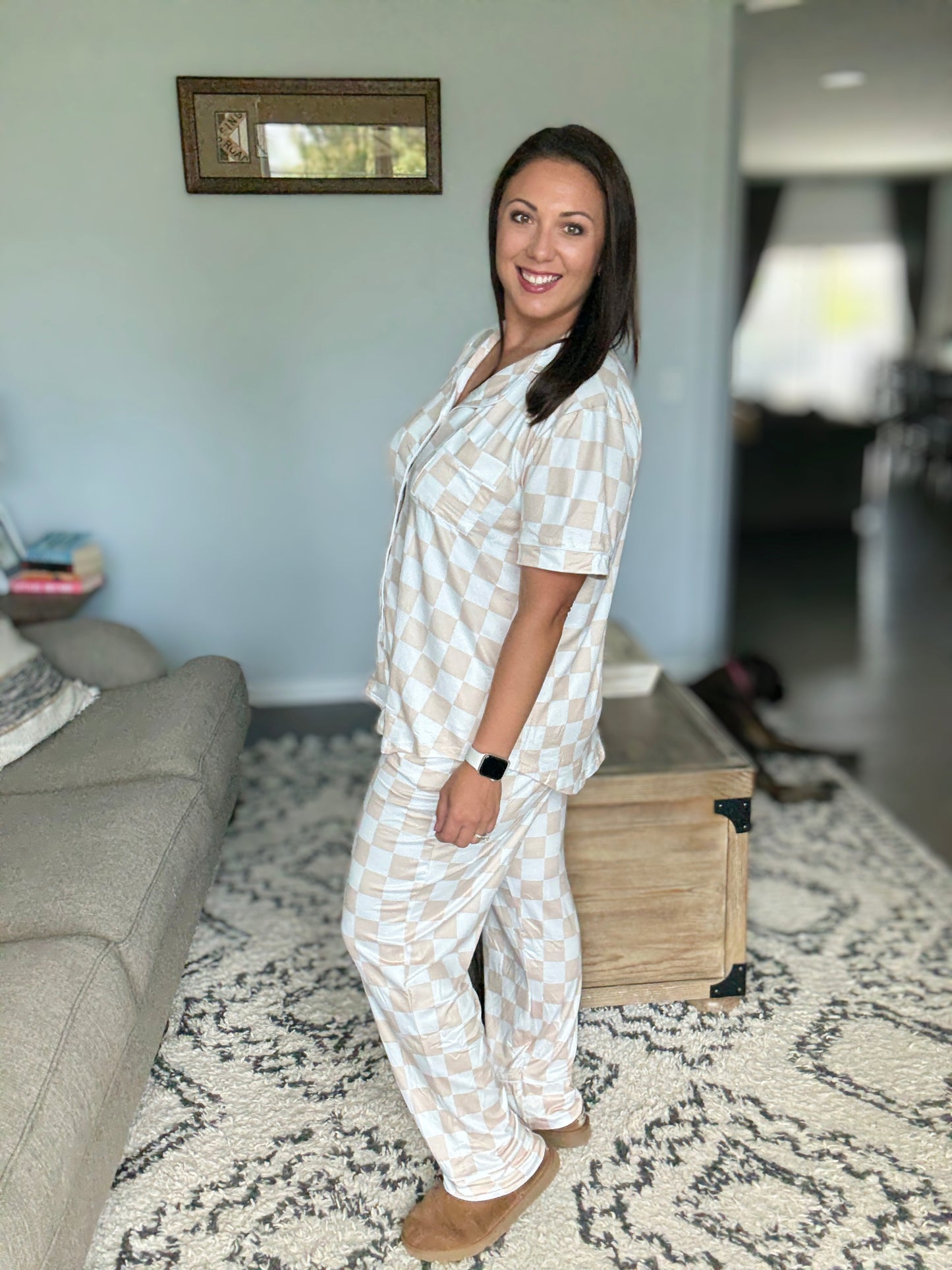 Shirley + Stone Short Sleeve Button Down Pants Pajamas in Neutral Check