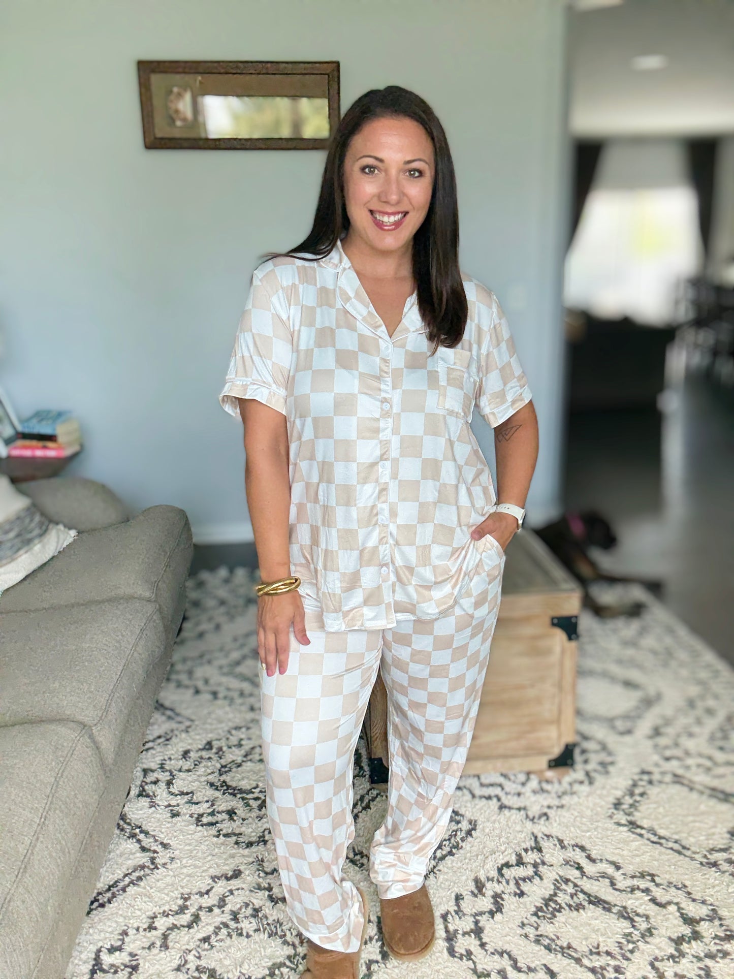 Shirley + Stone Short Sleeve Button Down Pants Pajamas in Neutral Check
