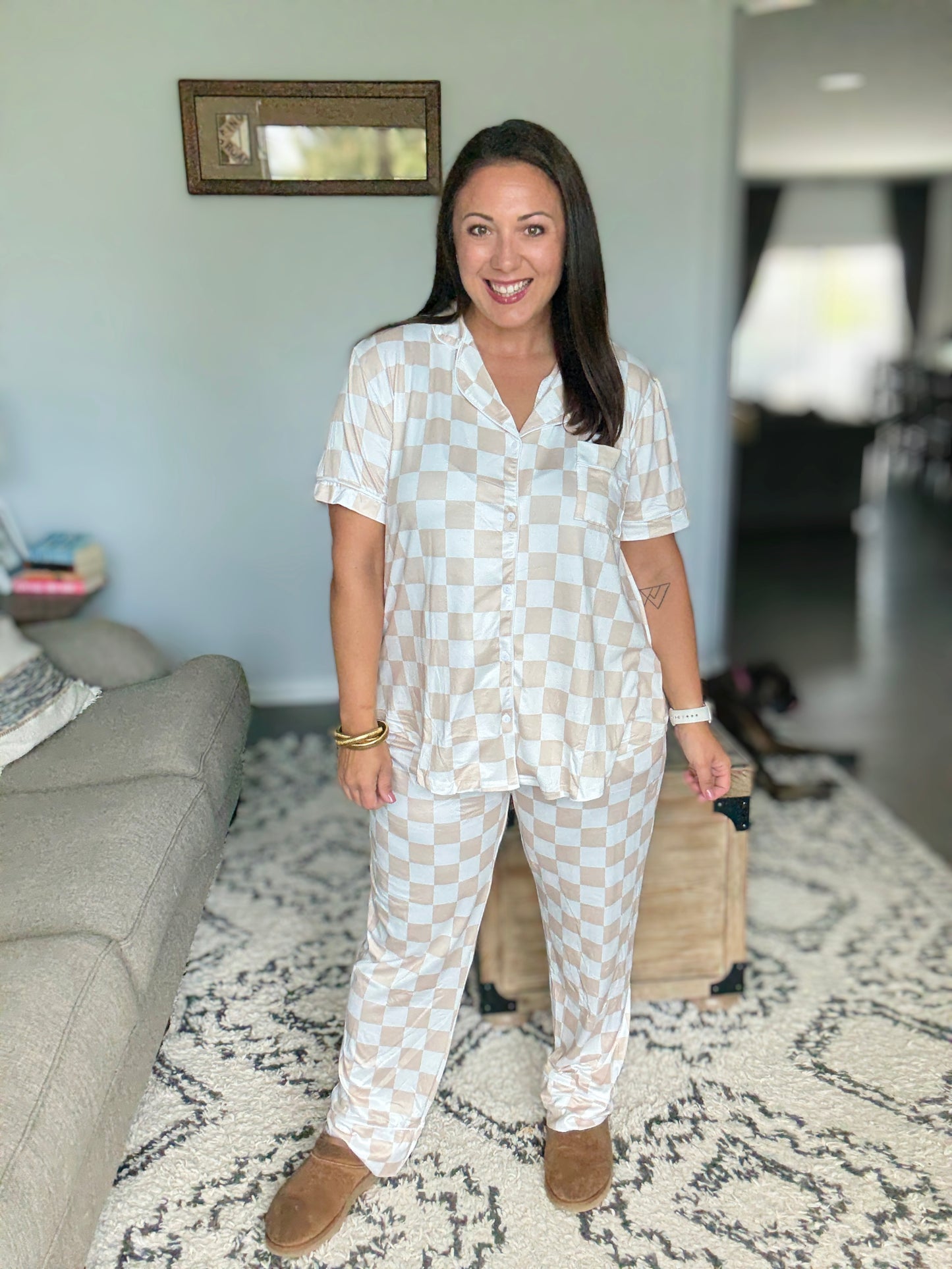 Shirley + Stone Short Sleeve Button Down Pants Pajamas in Neutral Check