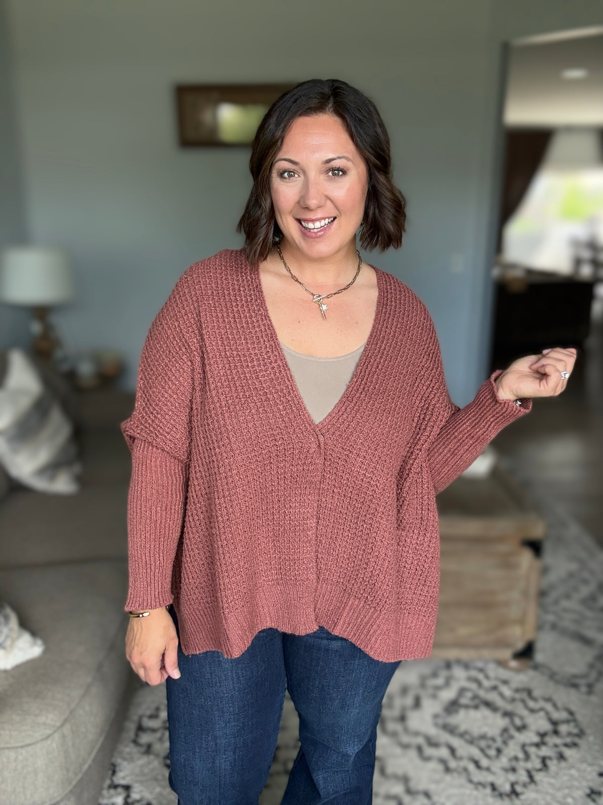 Cozy Button Front Waffle Knit Cardigan in Rust