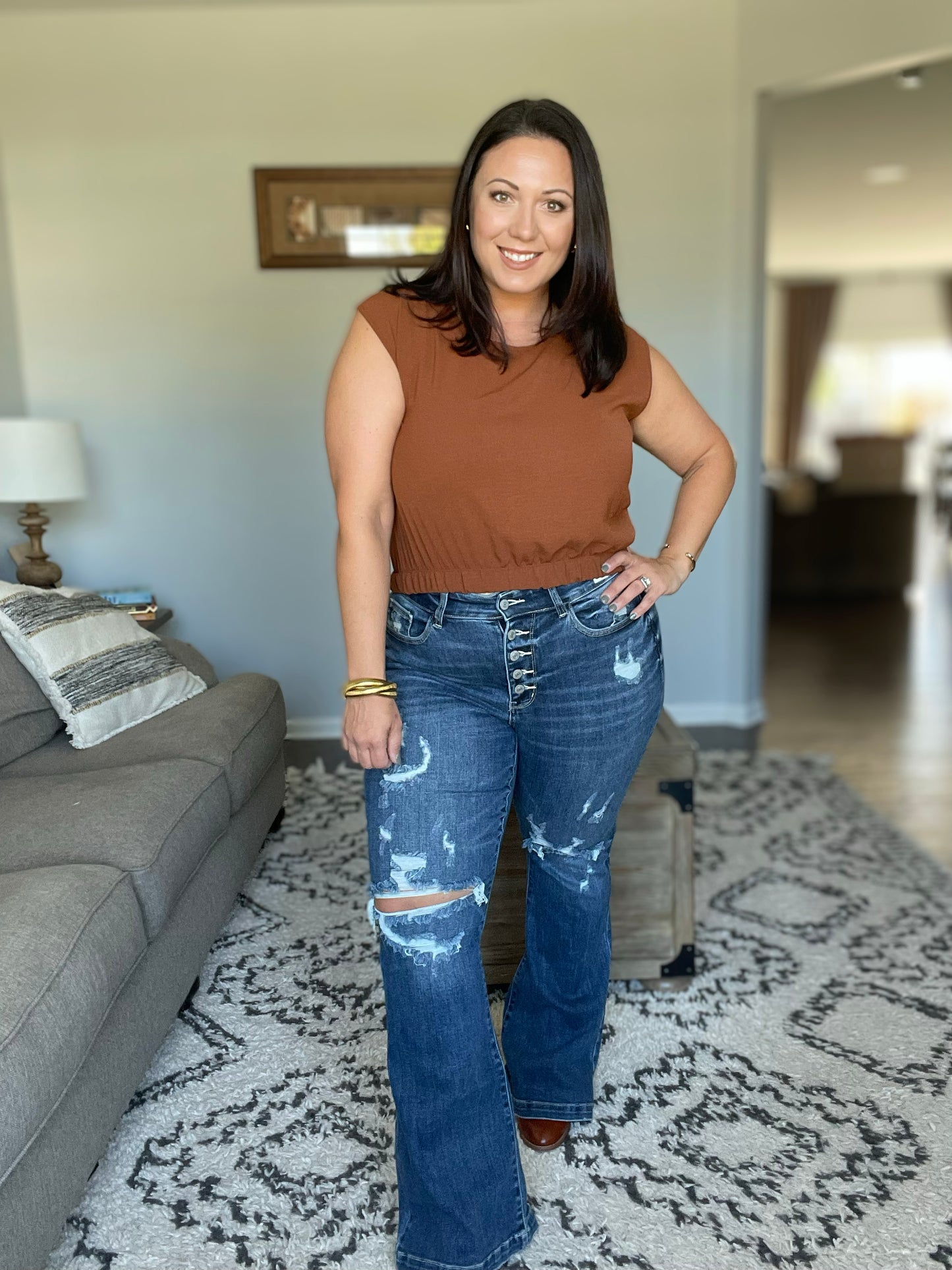 Gabriella Mid Rise Distressed Button Fly Flare