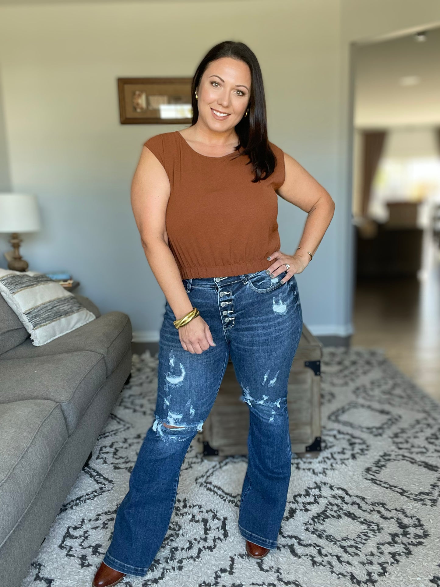 Gabriella Mid Rise Distressed Button Fly Flare