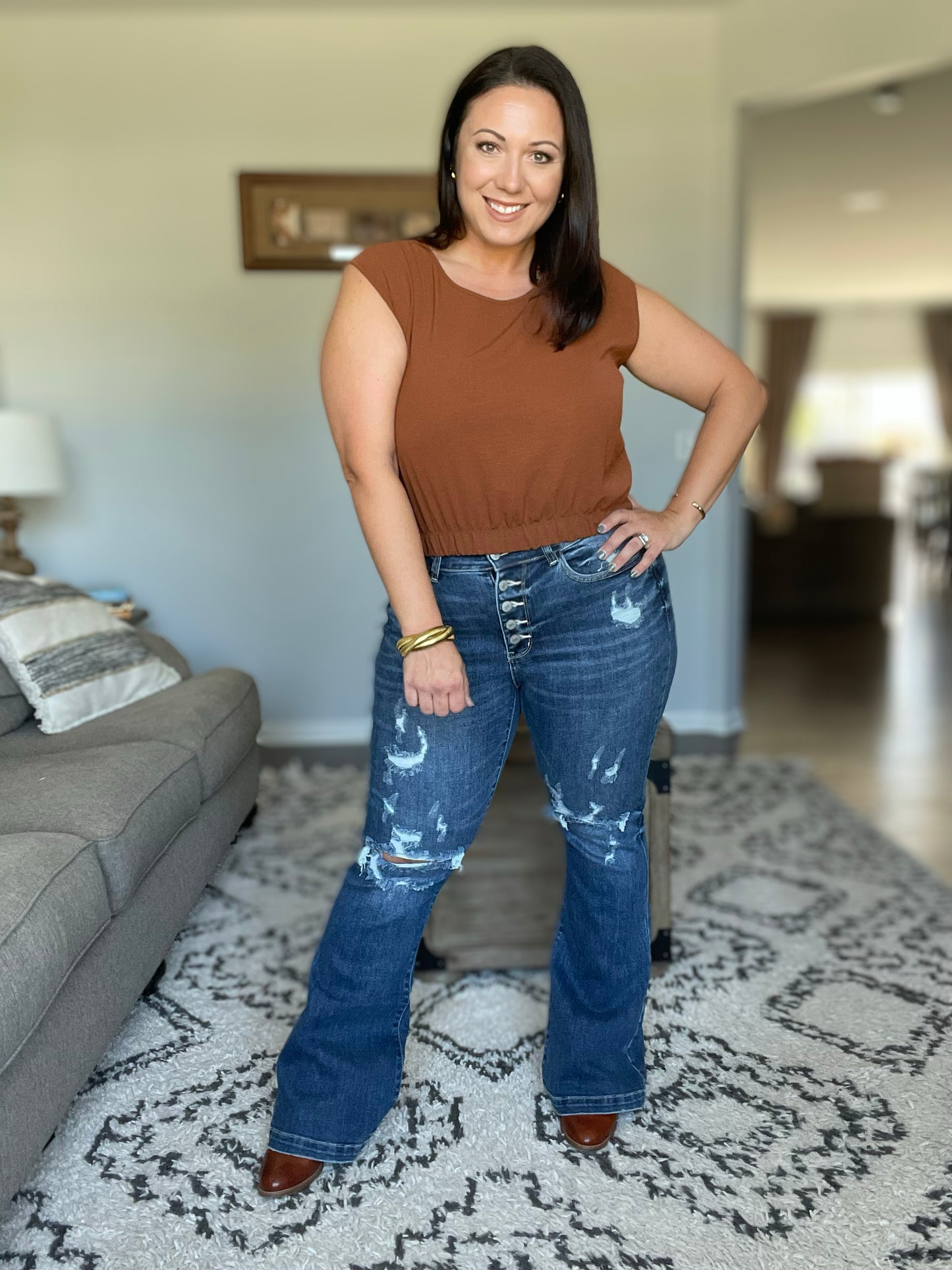 Gabriella Mid Rise Distressed Button Fly Flare