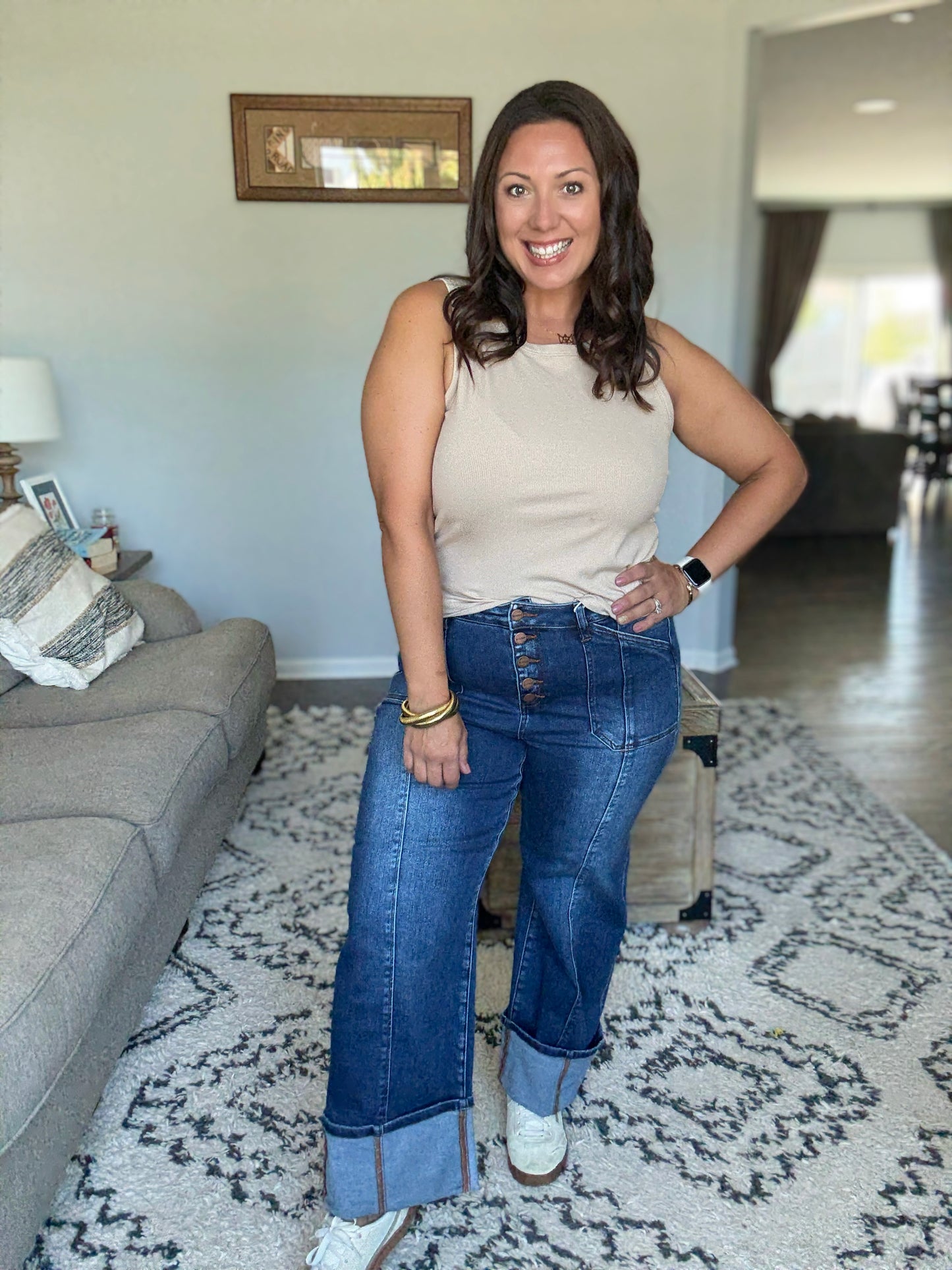 RISEN High Rise Wide Straight Cuffed Button Fly Jeans