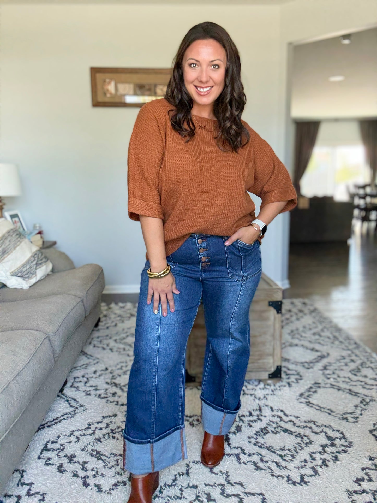 RISEN High Rise Wide Straight Cuffed Button Fly Jeans