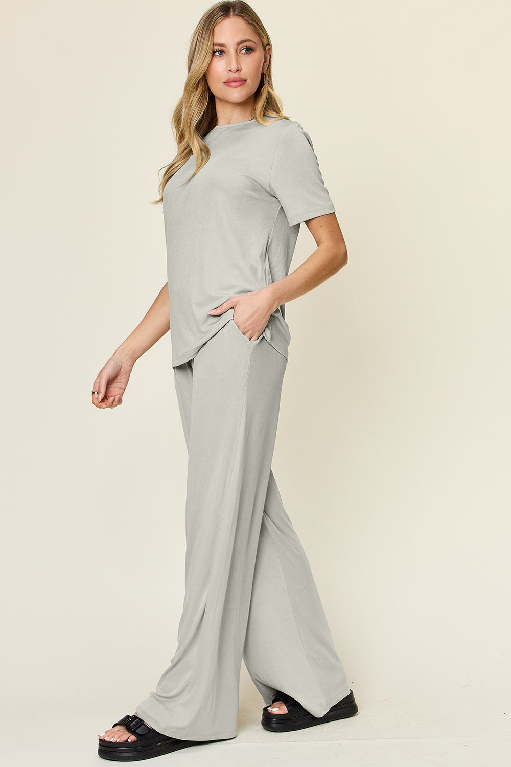 Slinky Short Sleeve Shirt and Wide Leg Pants Set in 4 Colors