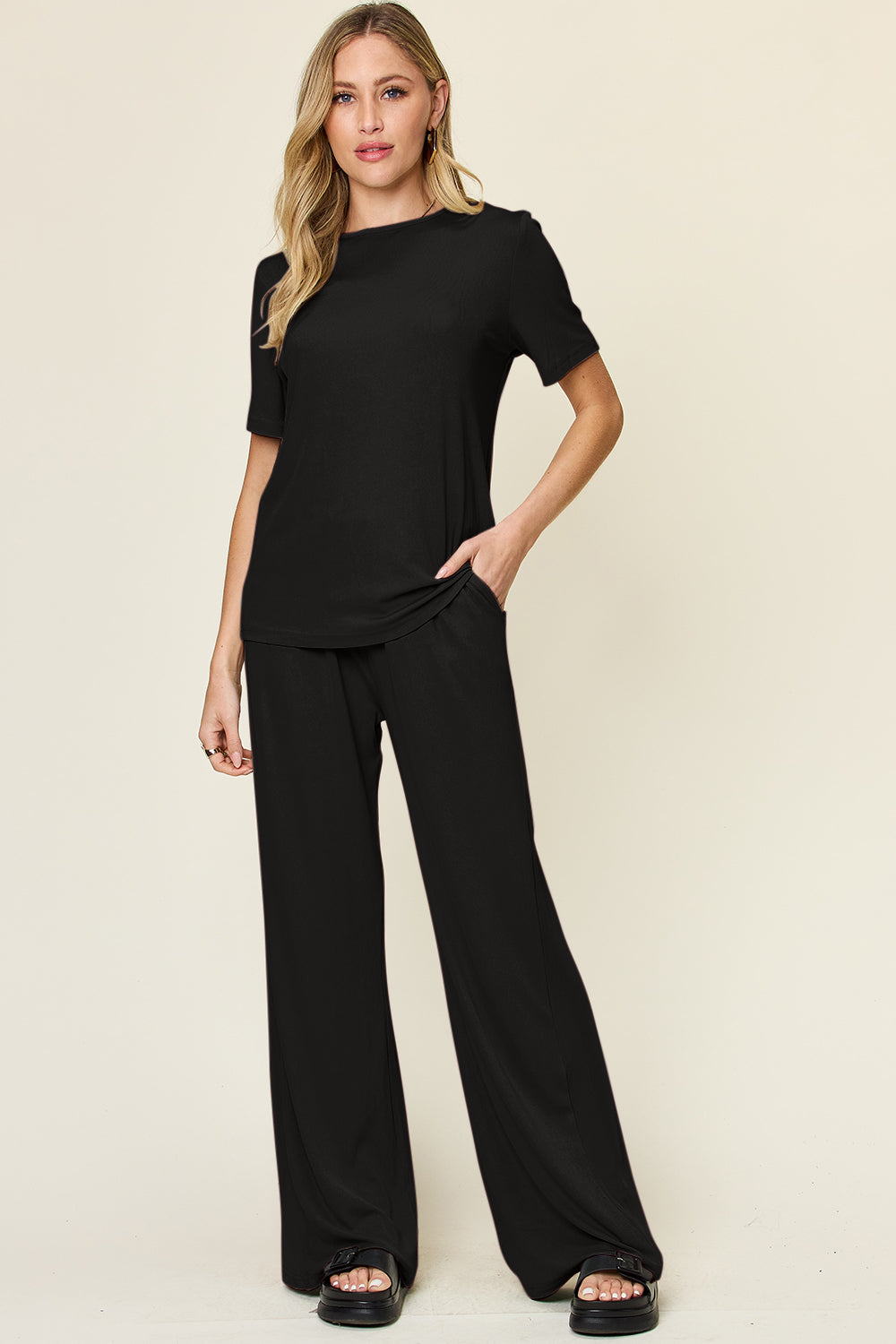 Slinky Short Sleeve Shirt and Wide Leg Pants Set in 4 Colors