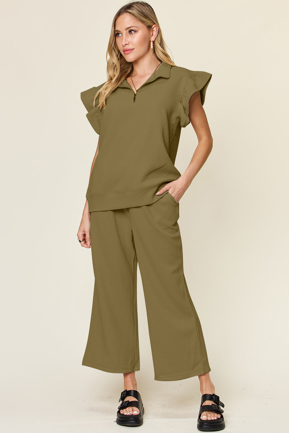 Textured Ruffle Short Sleeve Top and Cropped  Wide Leg Pants Set in 12 Colors