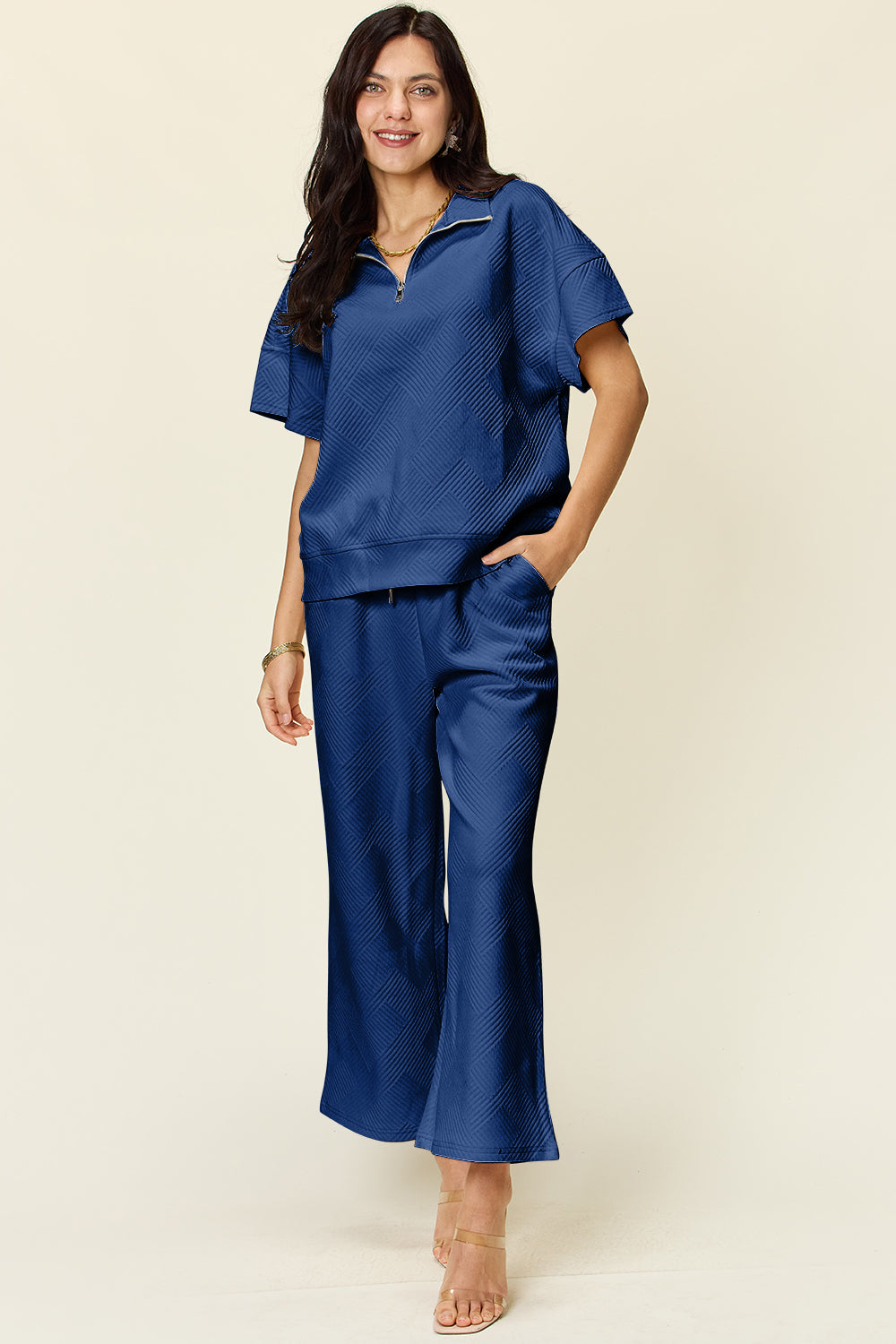Textured Half Zip Short Sleeve Top and Wide Leg Crop Pants Set in 8 Colors