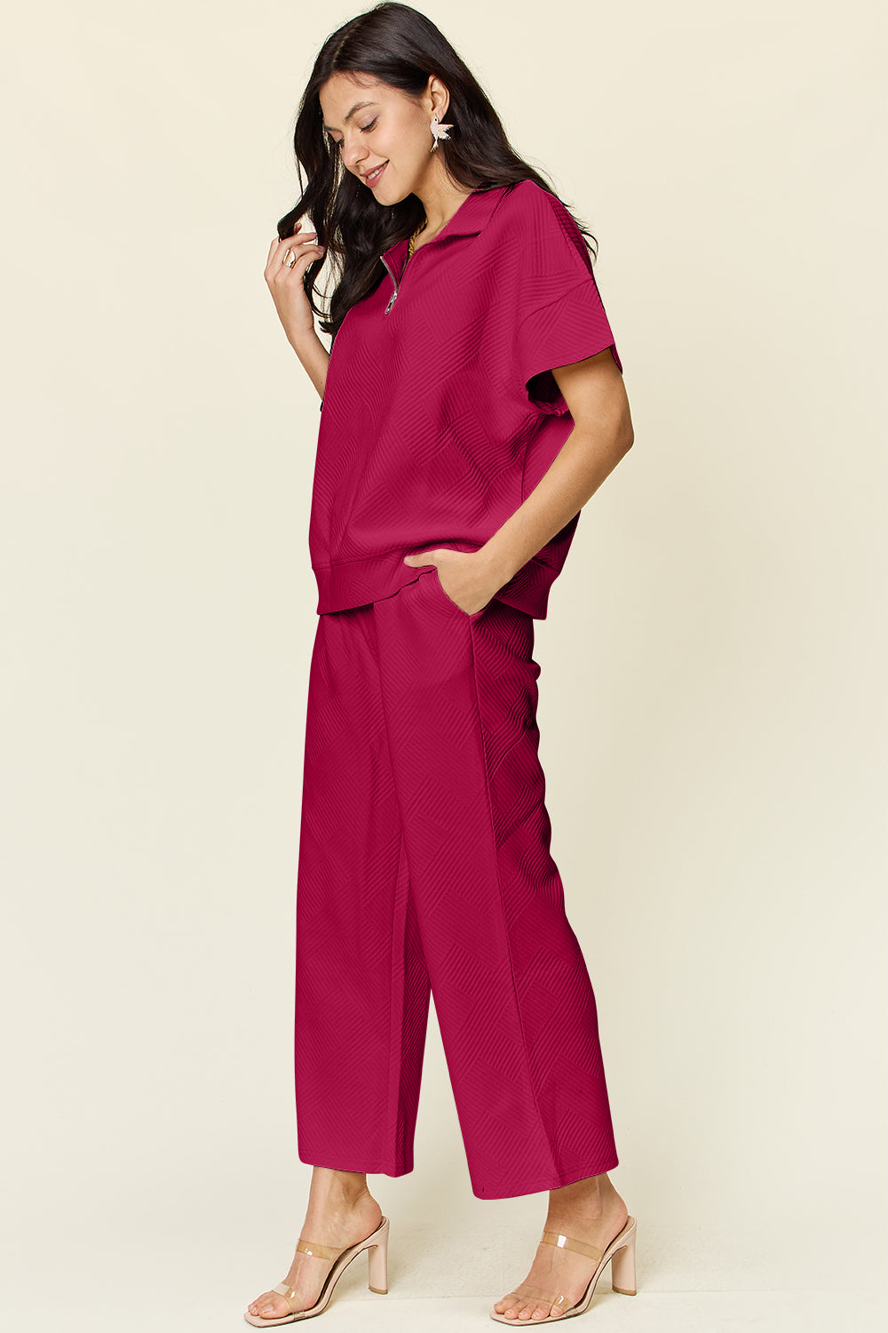 Textured Half Zip Short Sleeve Top and Wide Leg Crop Pants Set in 8 Colors