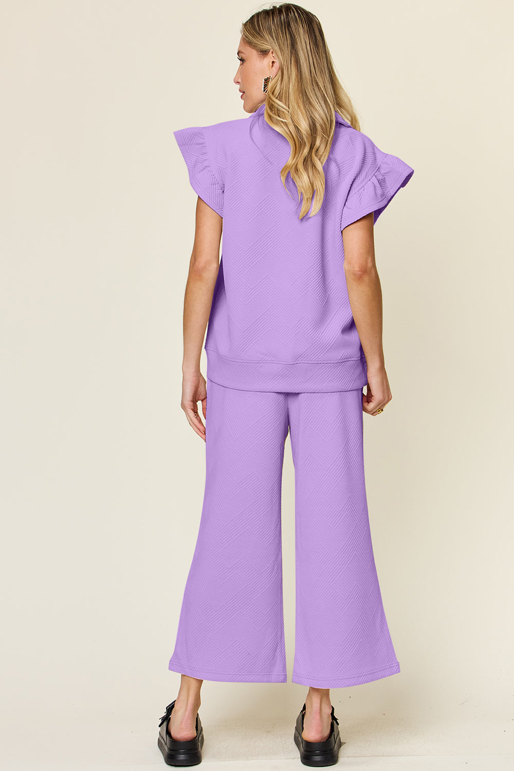 Textured Ruffle Short Sleeve Top and Cropped  Wide Leg Pants Set in 12 Colors
