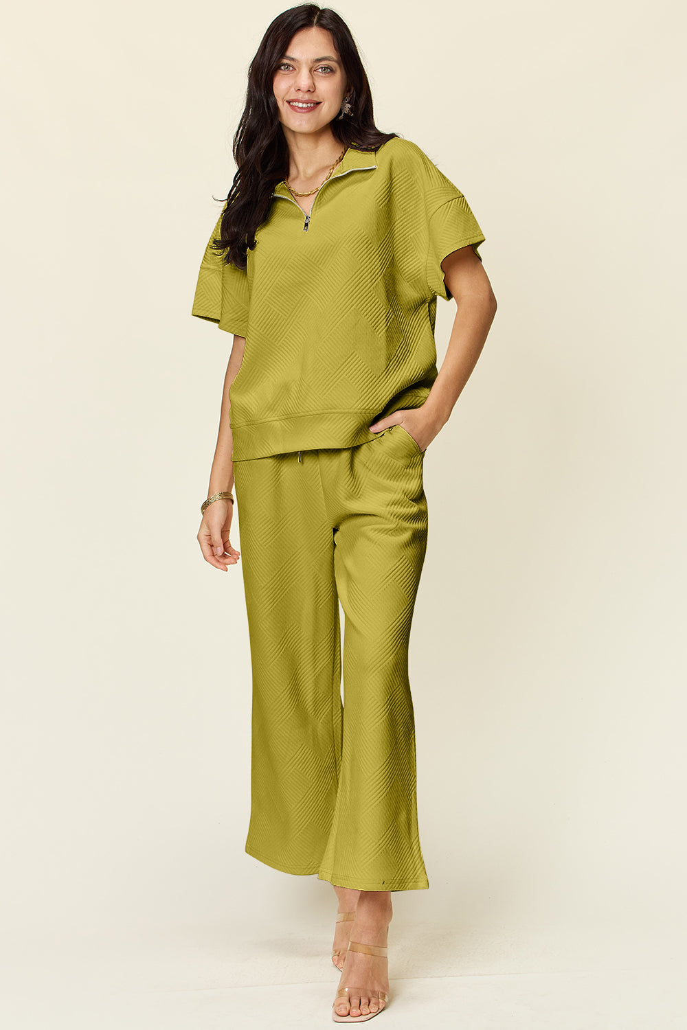 Textured Half Zip Short Sleeve Top and Wide Leg Crop Pants Set in 8 Colors