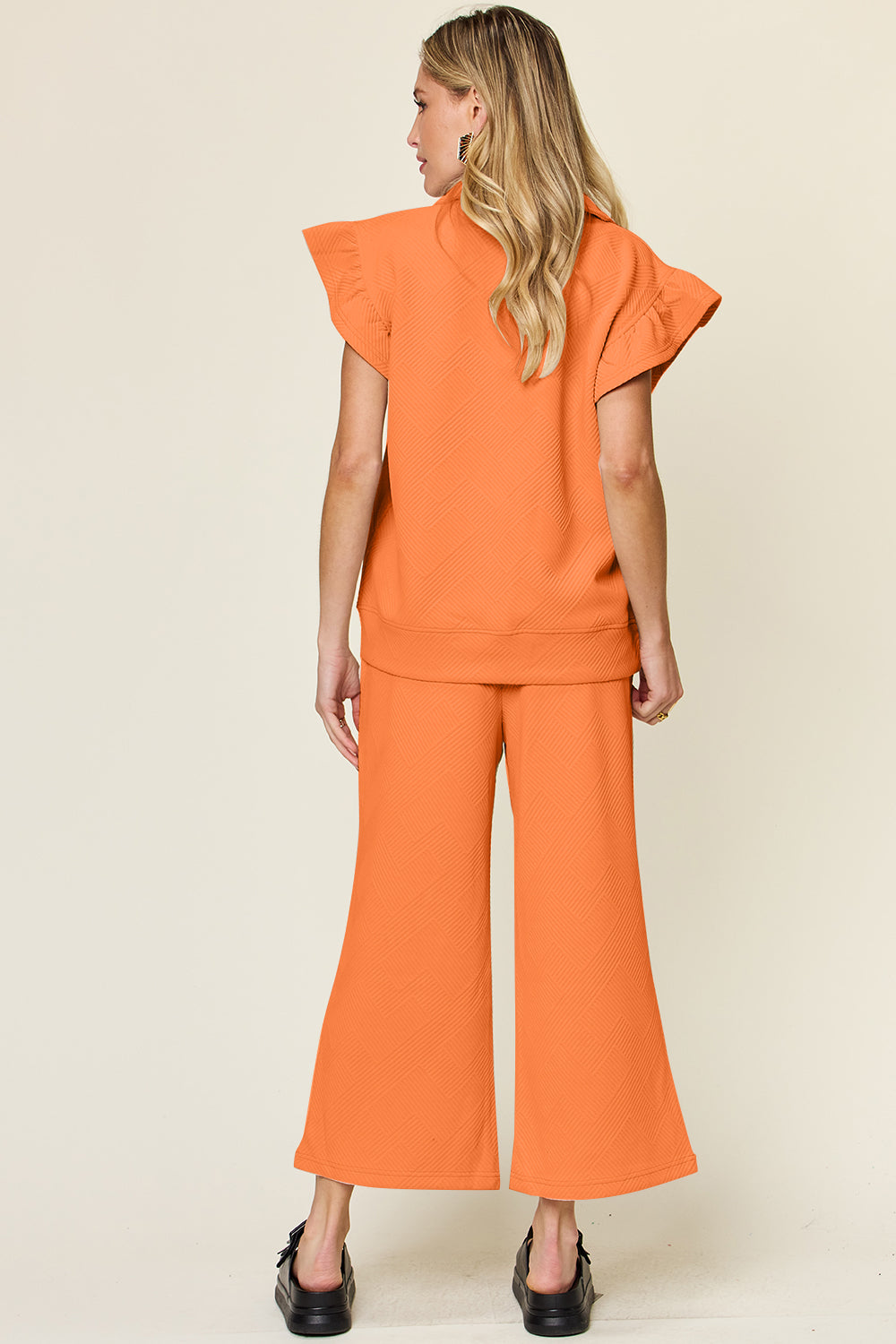 Textured Ruffle Short Sleeve Top and Cropped  Wide Leg Pants Set in 12 Colors