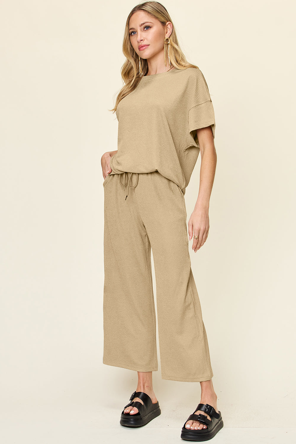 Ribbed Short Sleeve Shirt and Wide Leg Pants Set in in 6 Colors