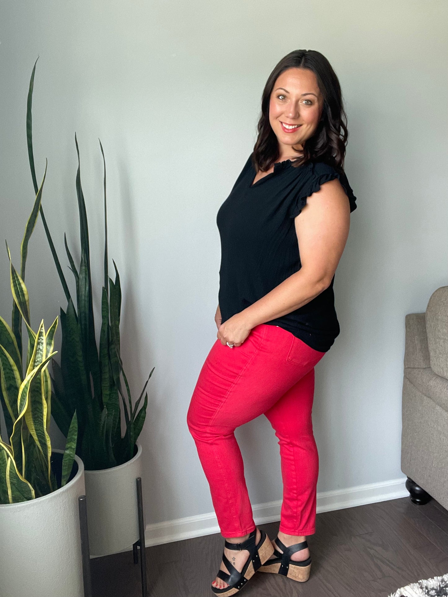 Ruby High Rise Control Top Garment Dyed Skinny Jeans in Red