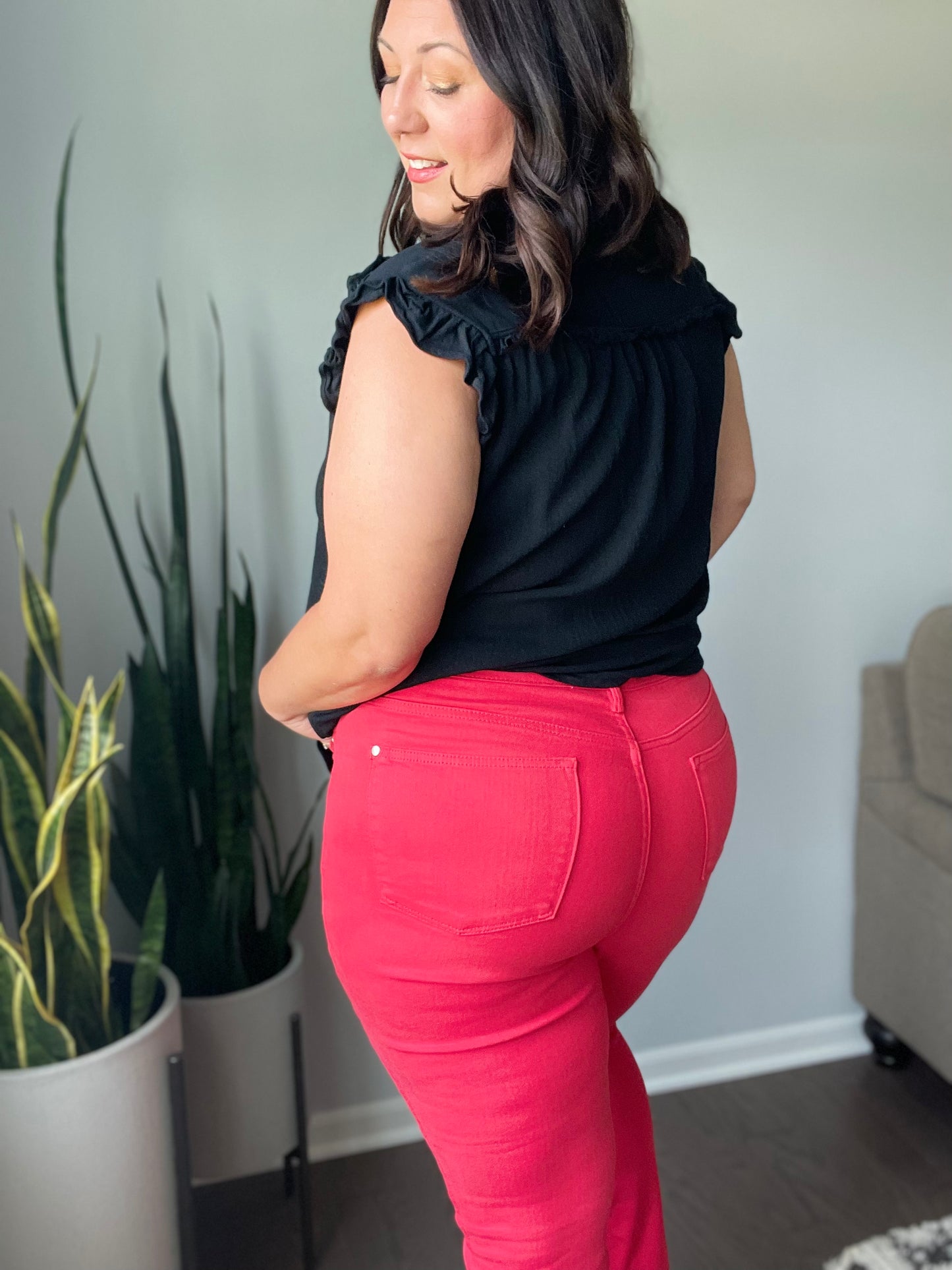 Ruby High Rise Control Top Garment Dyed Skinny Jeans in Red