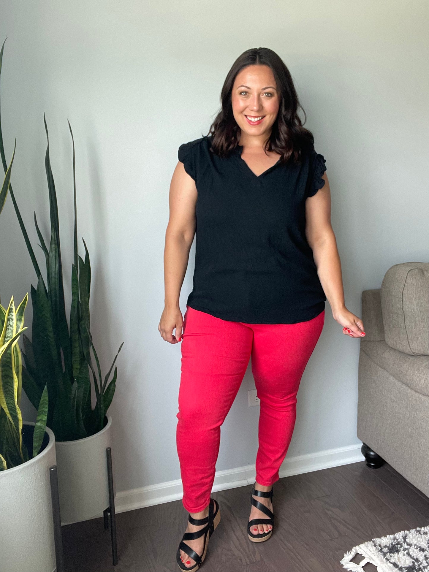 Ruby High Rise Control Top Garment Dyed Skinny Jeans in Red