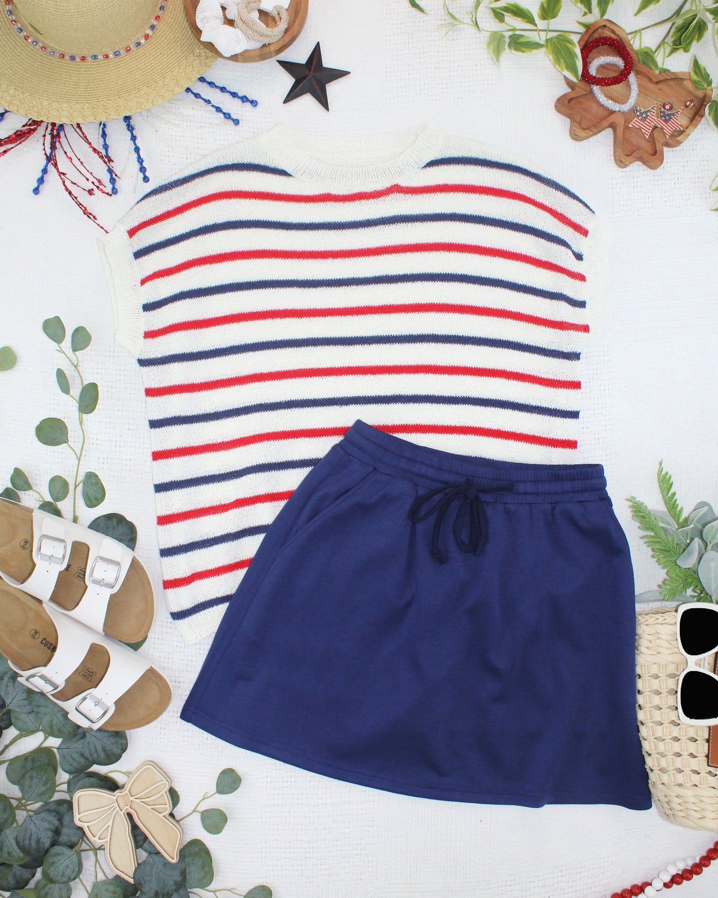 Michelle Mae Red, White, and Blue Stripes Open Knit Top