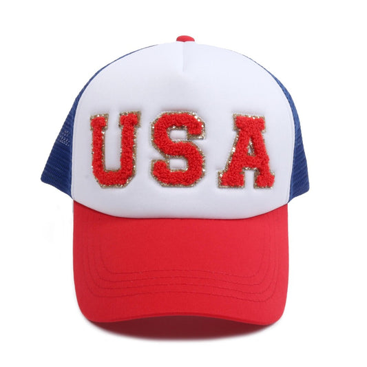 PREORDER: Glitter Chenille Patch 'USA' Trucker Hat - 2 options