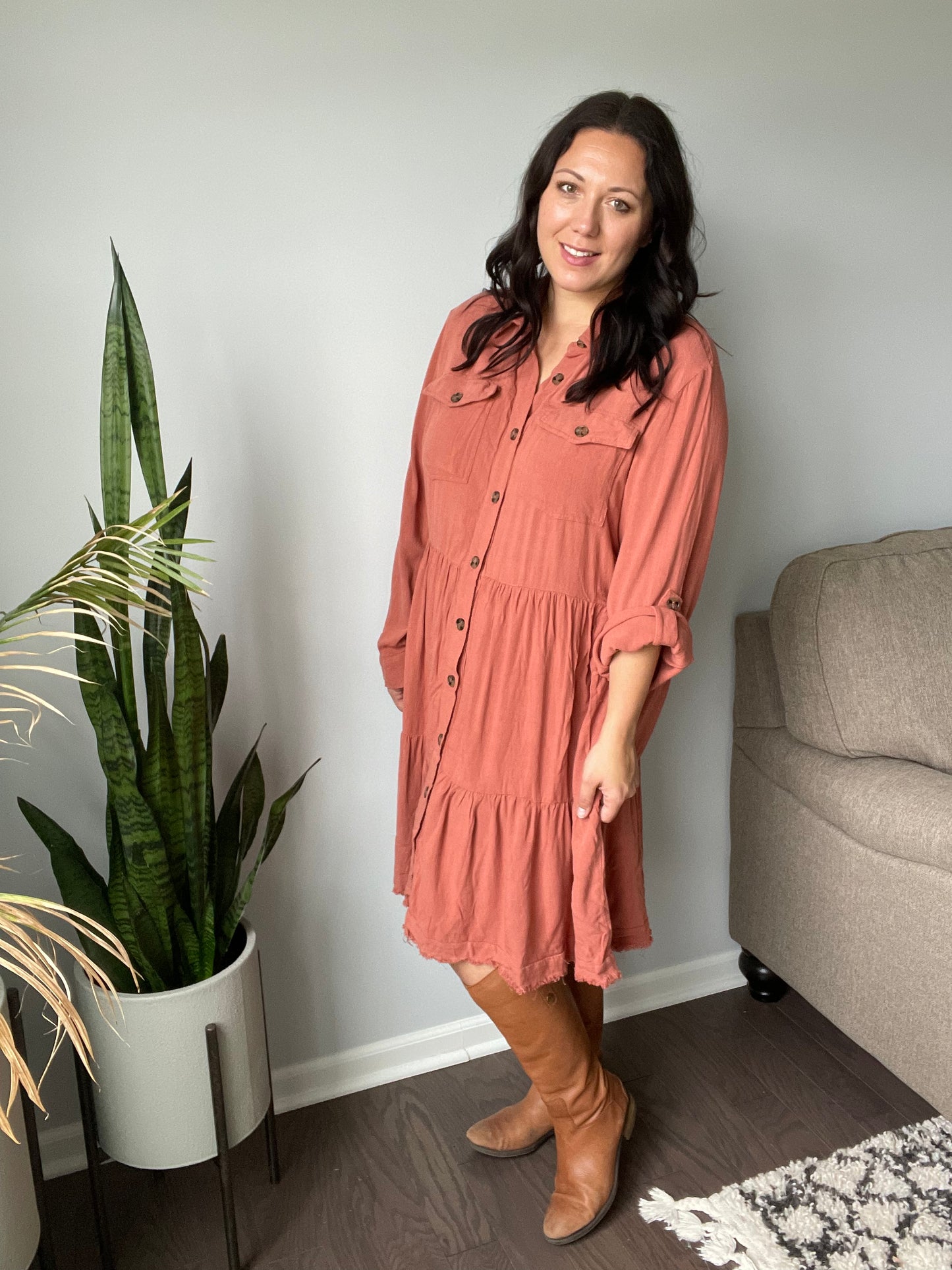 Washed Linen Tiered Shirt Dress