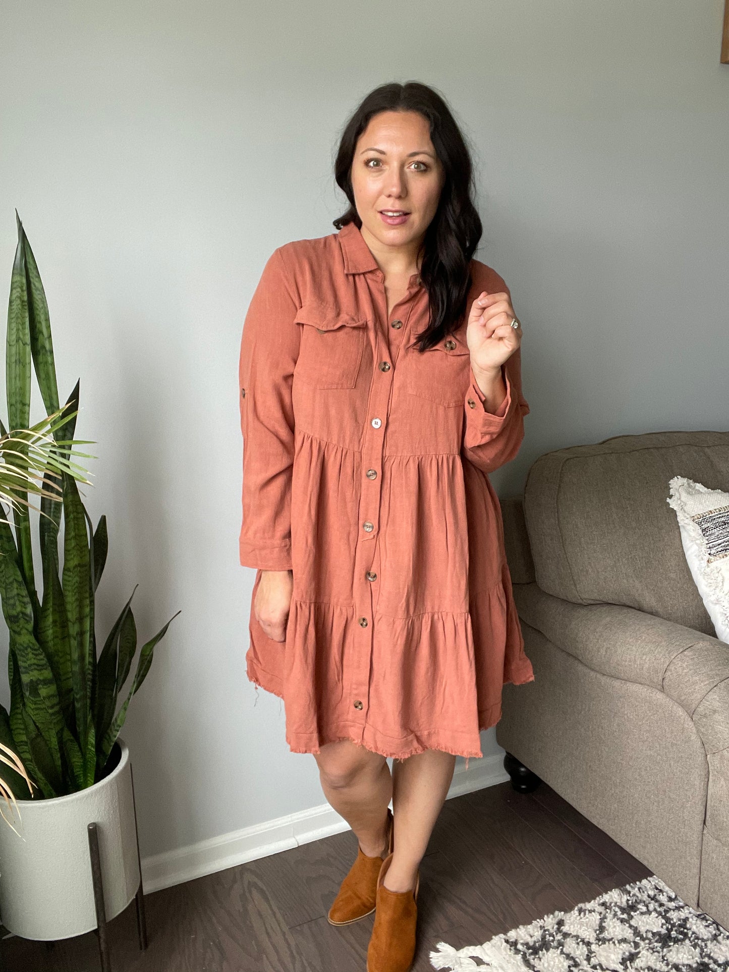 Washed Linen Tiered Shirt Dress