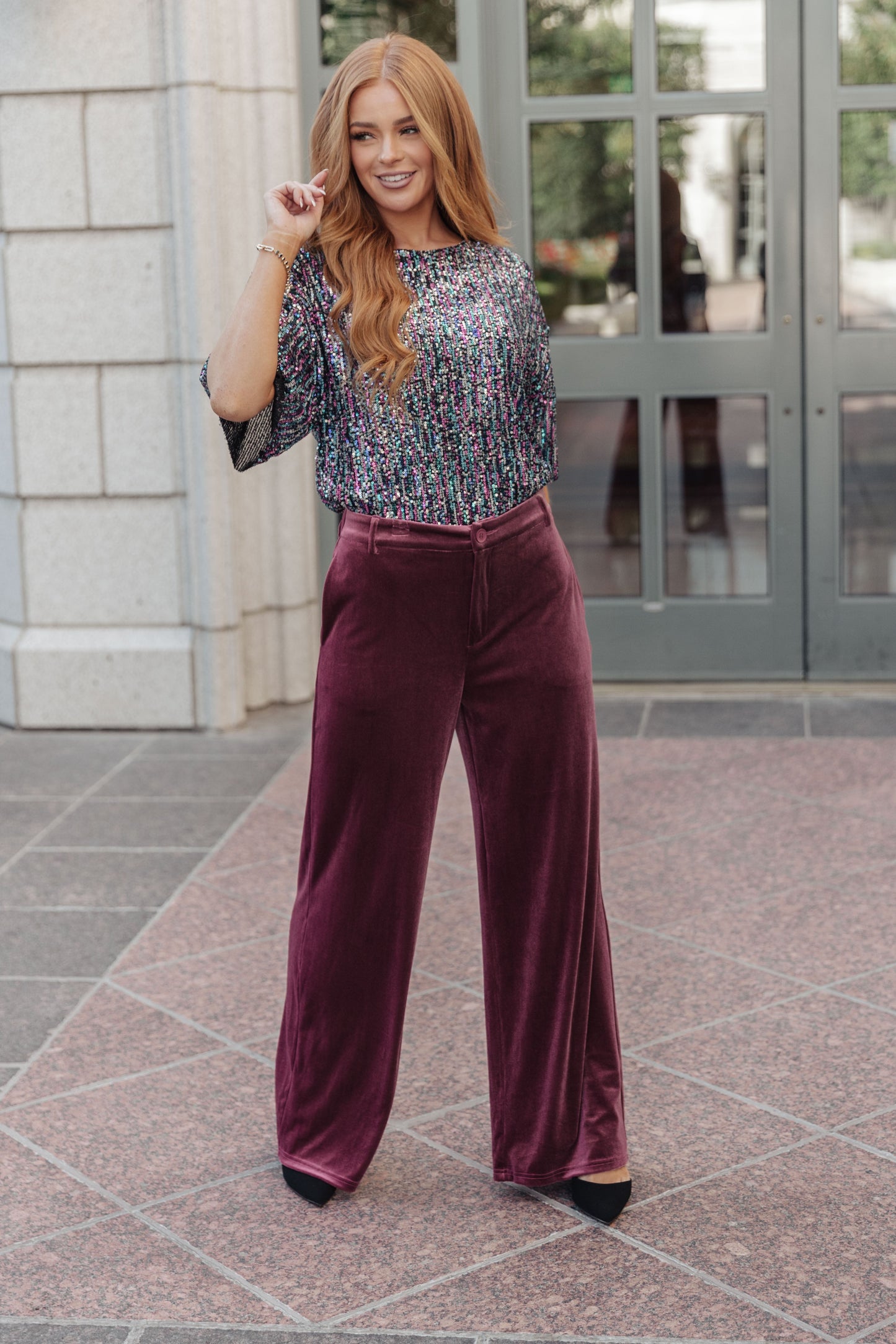 Frosted Plum Velvet Wide Leg Trousers