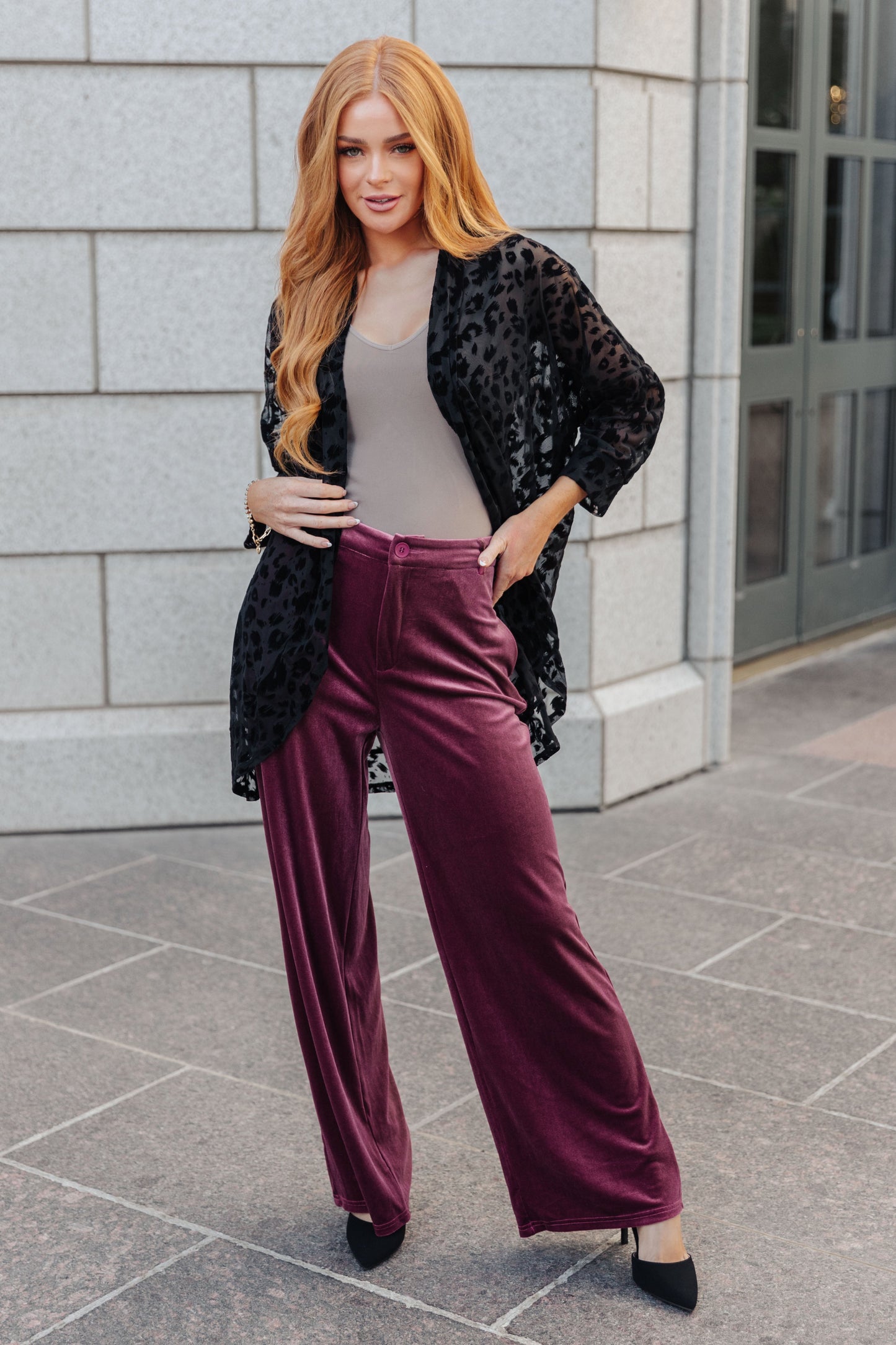 Frosted Plum Velvet Wide Leg Trousers