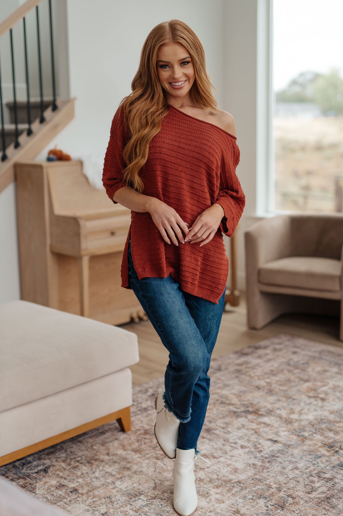 Half Sleeve Oversize Knit Sweater in Rust