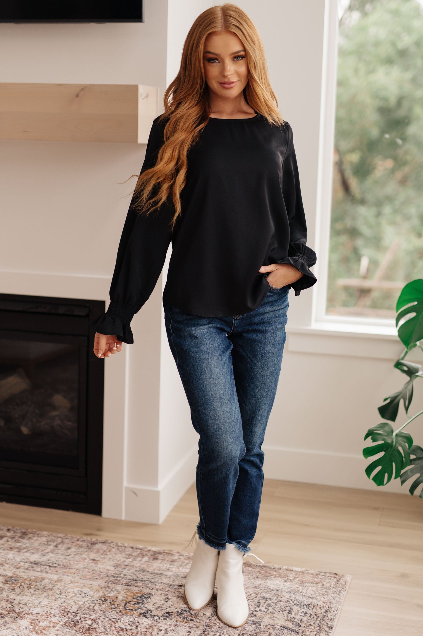 Smocked Long Sleeve Blouse in Black